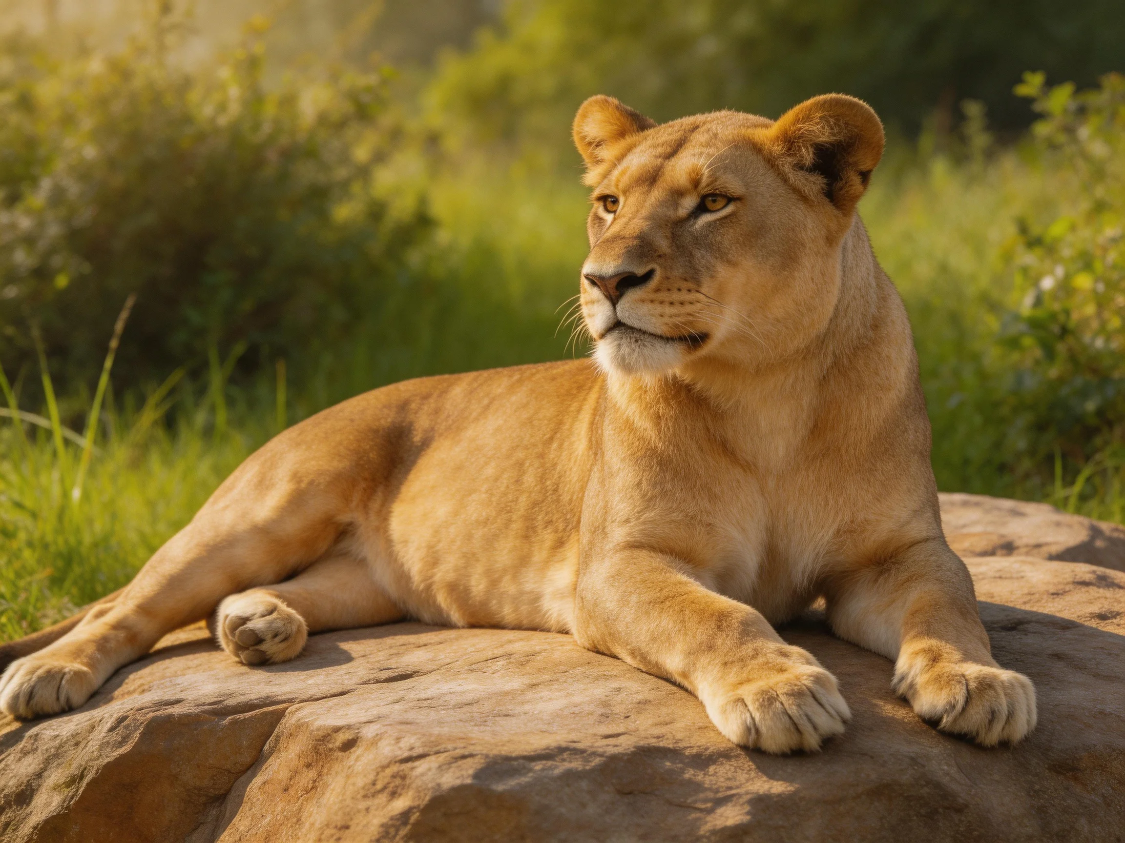A golden lioness relaxes on a large rock in a sunlit natural setting.