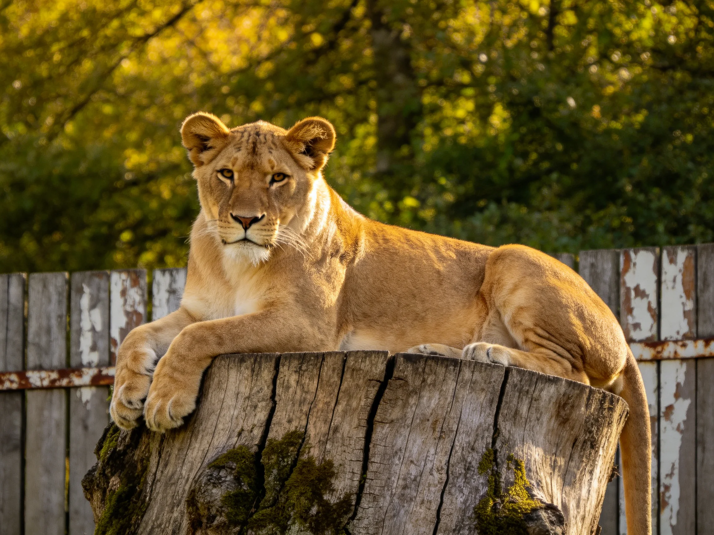 Golden lioness relaxes on a mossy tree stump near a weathered fence.
