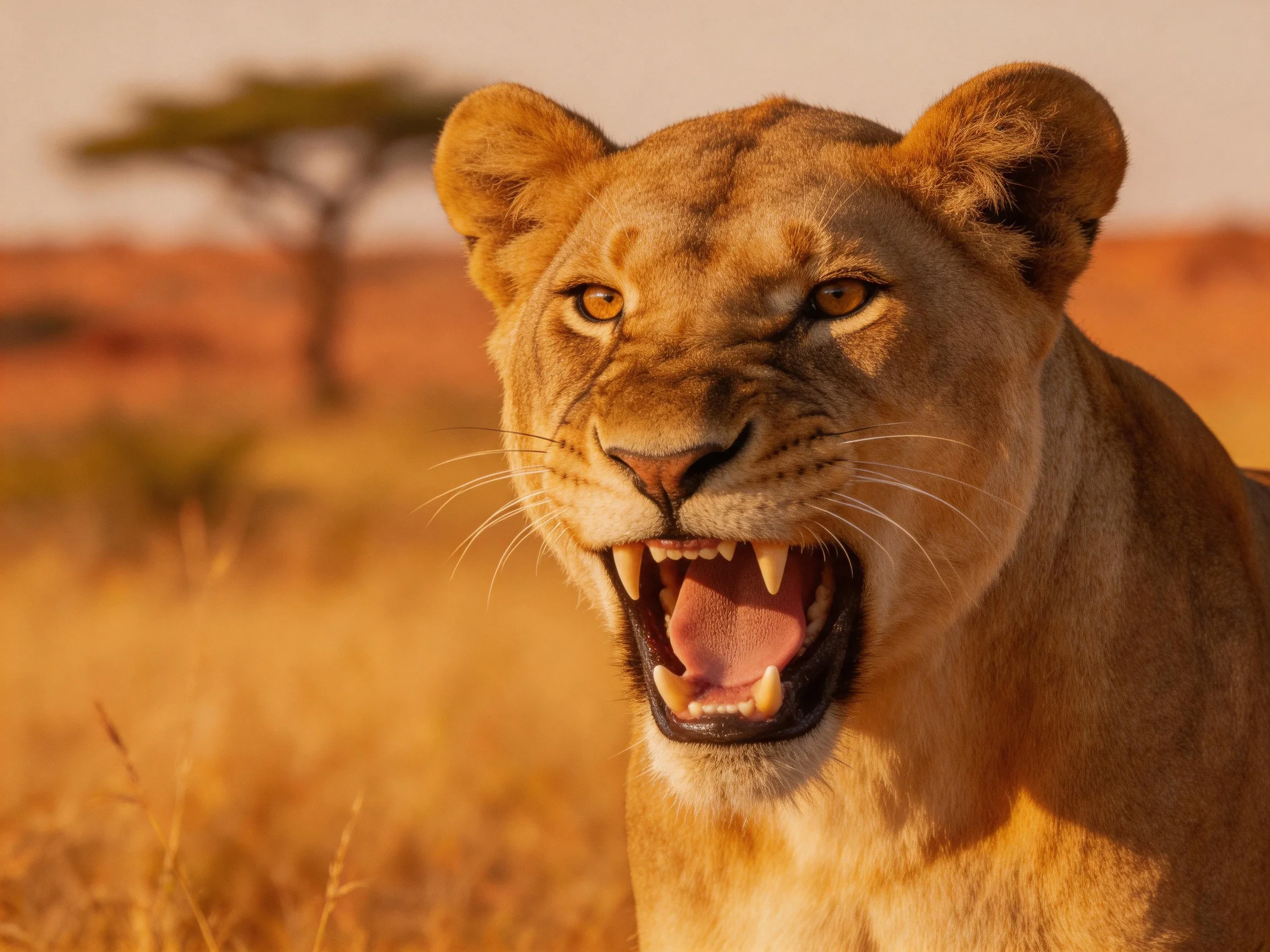 Golden lioness roaring in the African savannah landscape