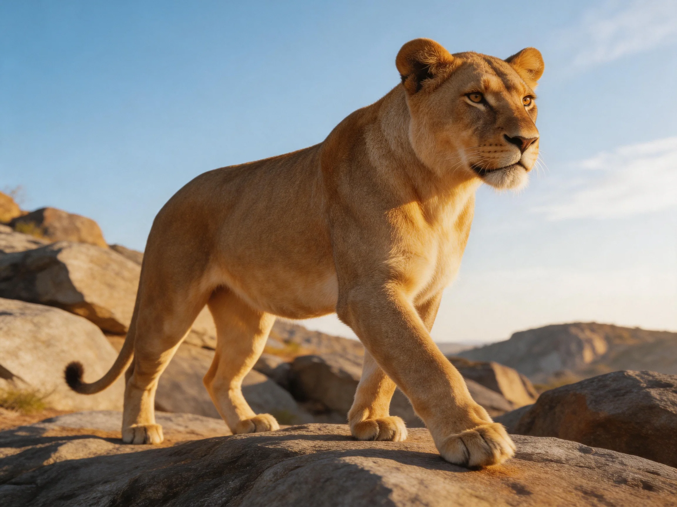 Golden lioness walks across rocks in sunny landscape.
