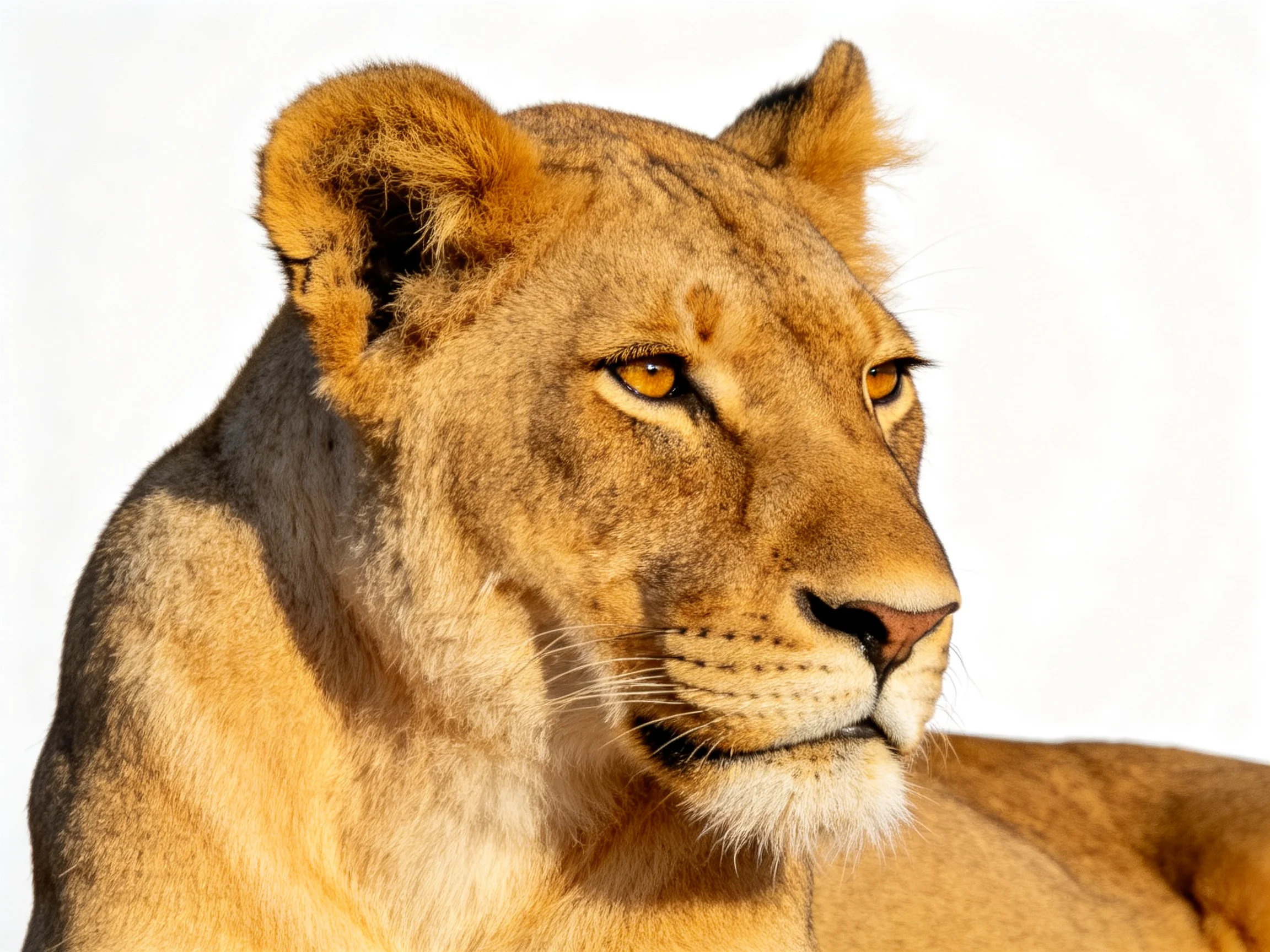 A golden lioness gazes calmly in a bright, minimalist setting.