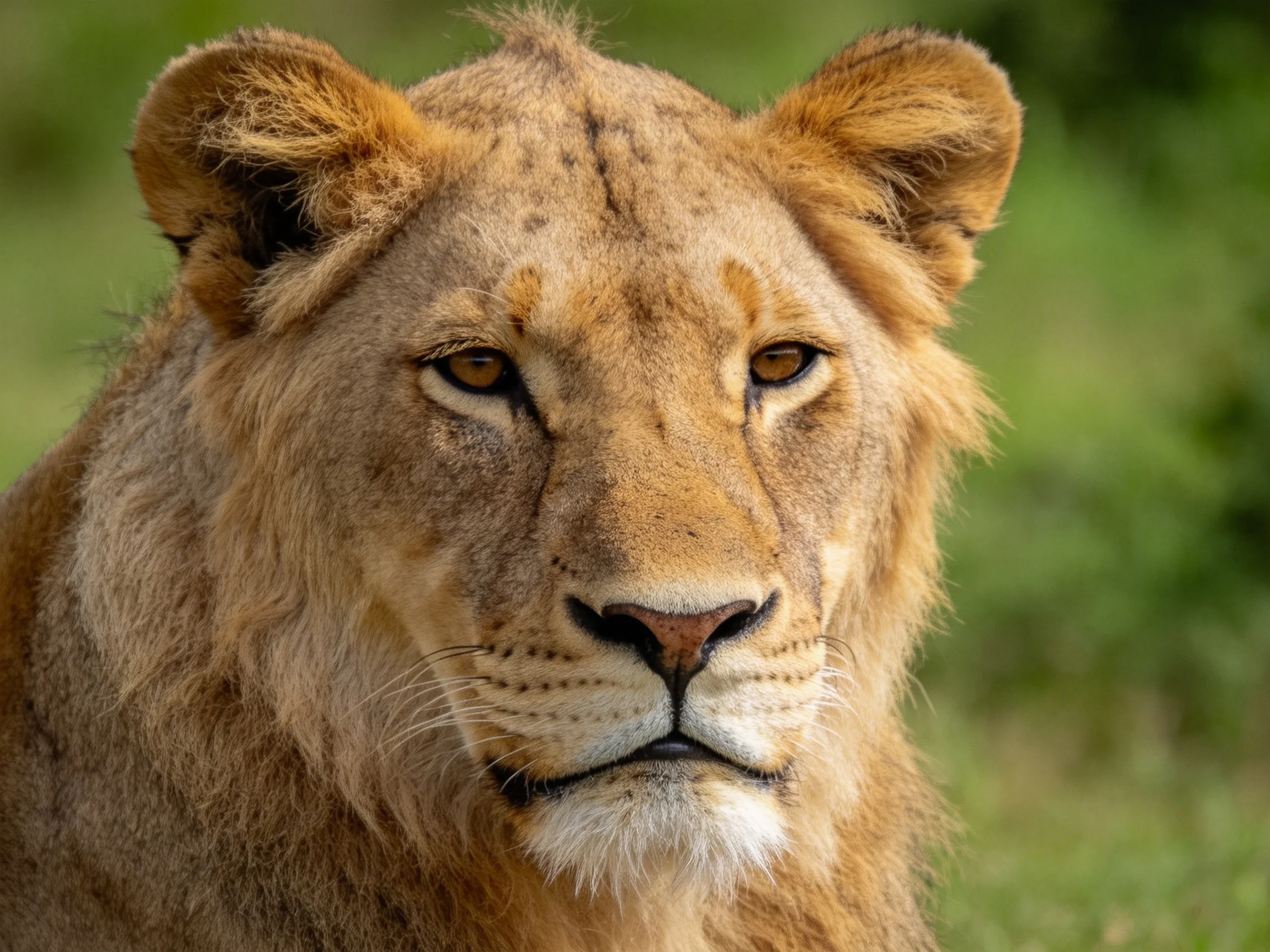 A golden lioness calmly observes in a blurred green natural landscape.