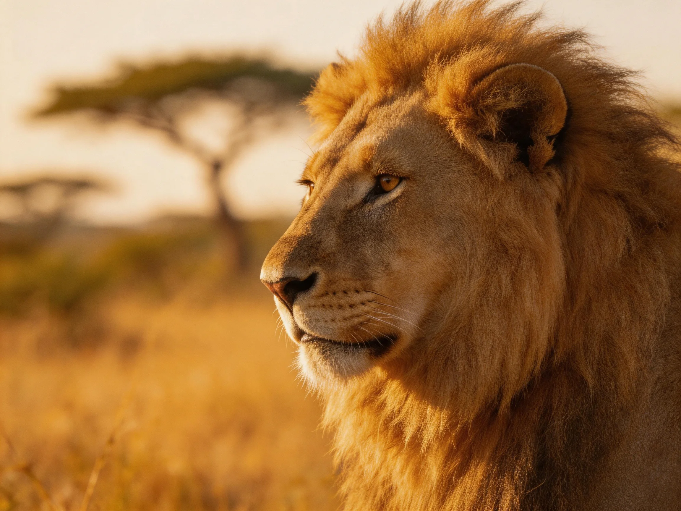 Golden-maned lion gazing over sun-kissed savannah