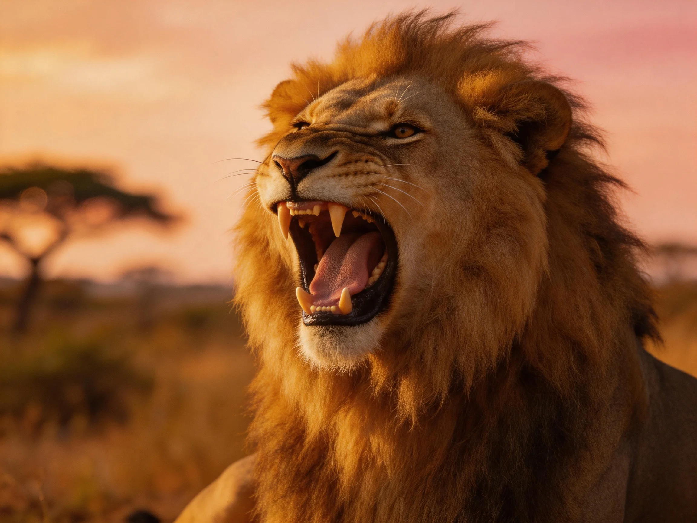 Golden-maned lion roaring in savannah sunset