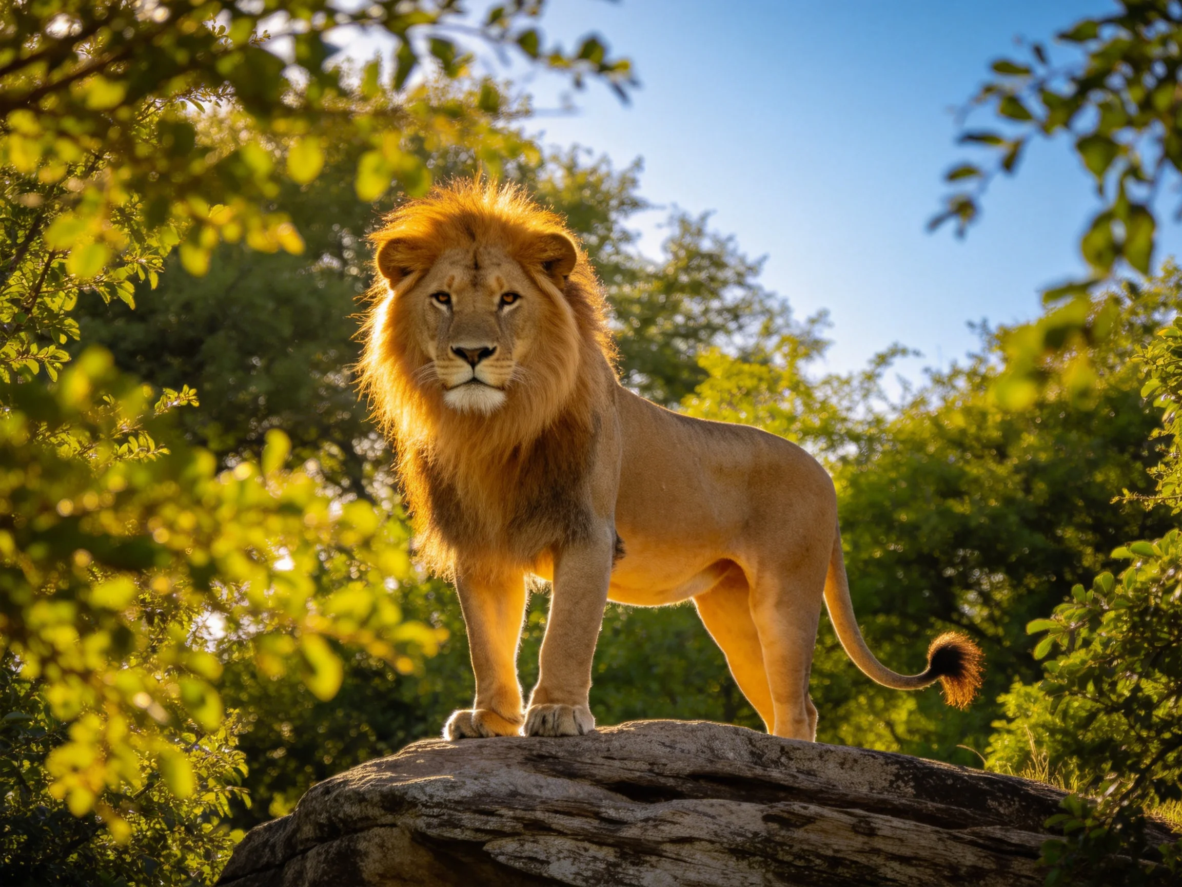 Golden-maned lion stands on large rock among dense green trees