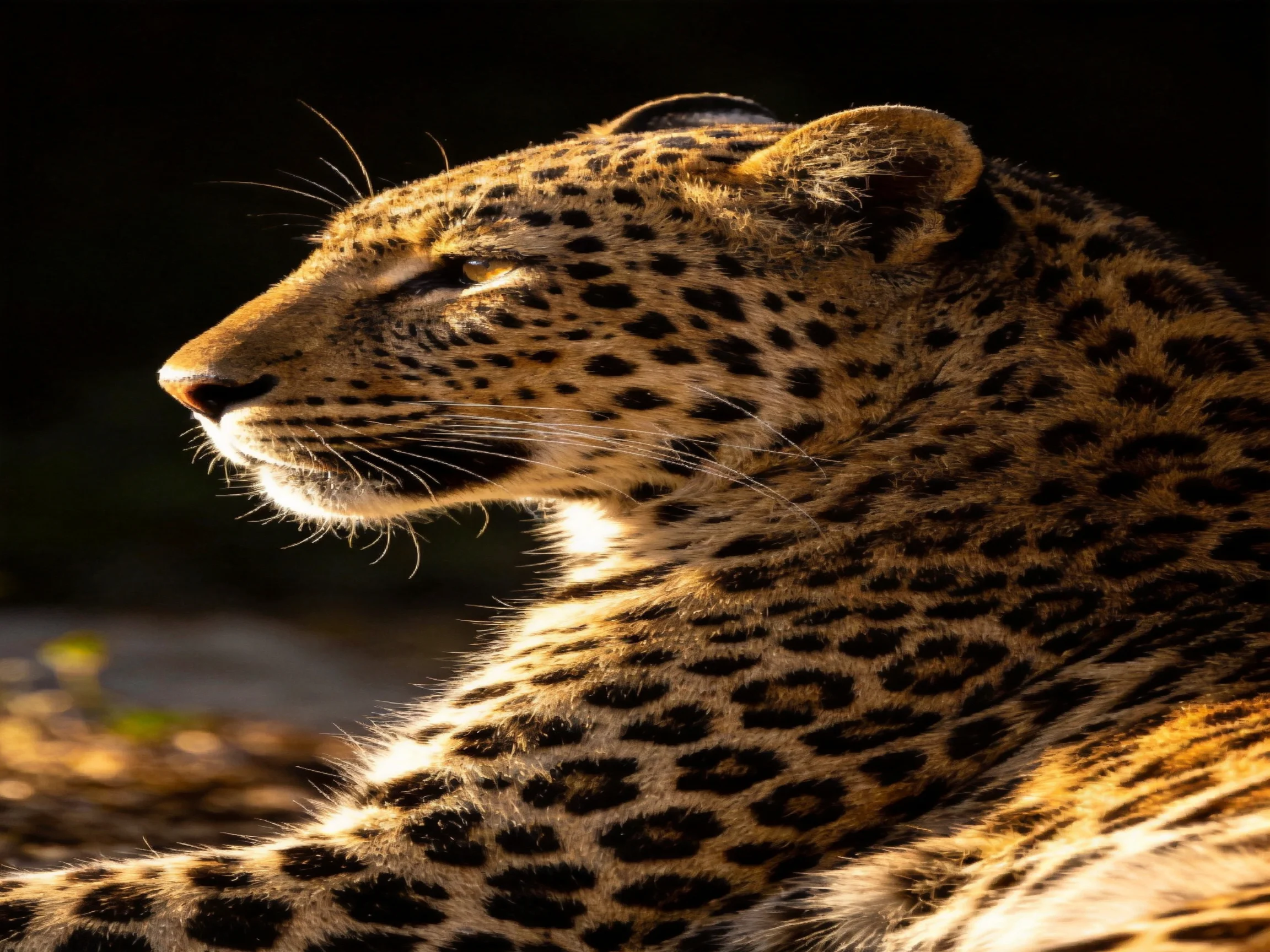 A golden-spotted leopard rests under side sunlight with its profile highlighted.