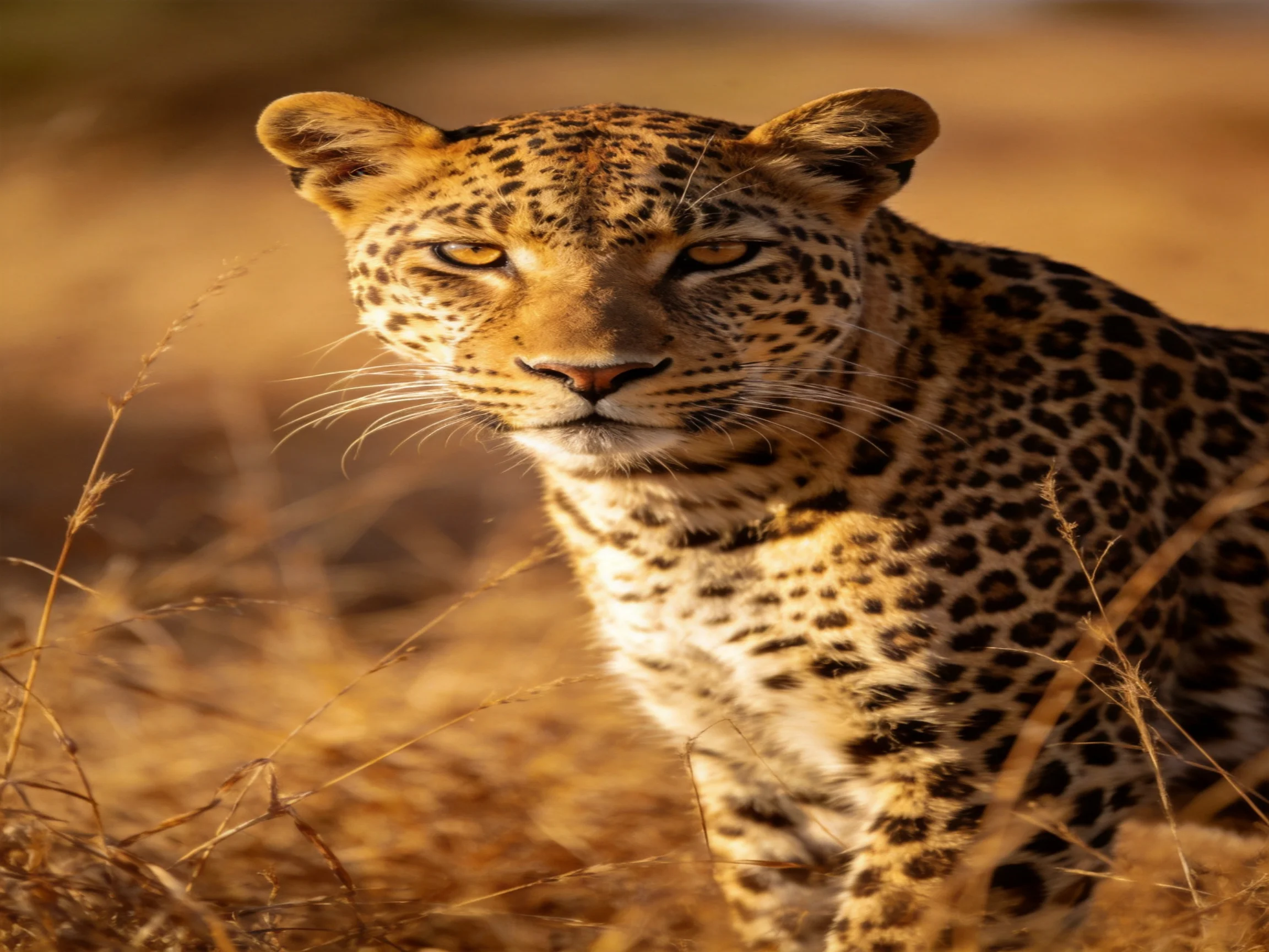 Golden-spotted leopard in dry savannah grasslands