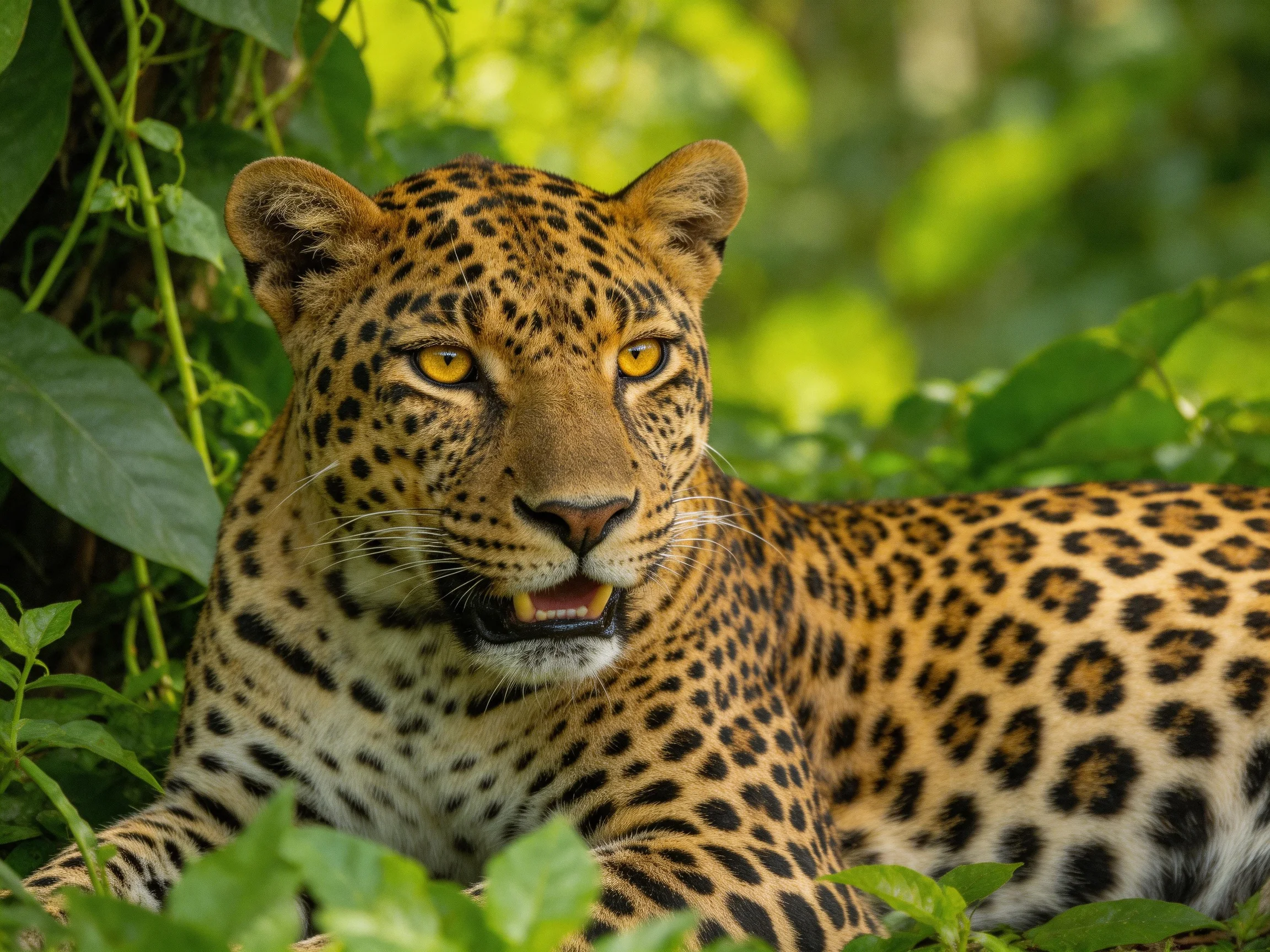 A golden-spotted leopard rests in lush green surroundings.