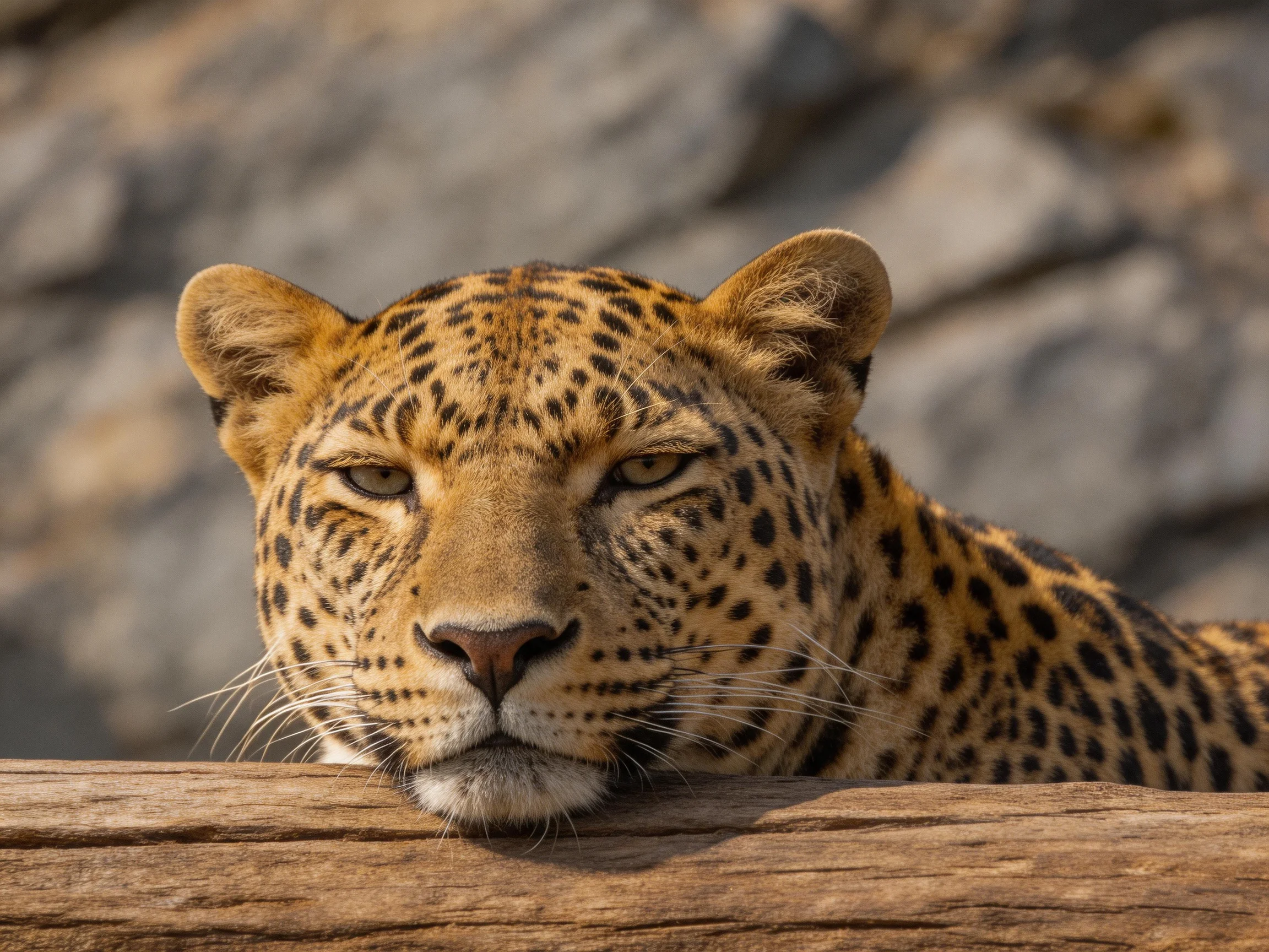 Leopard rests near weathered wooden log with rocky backdrop