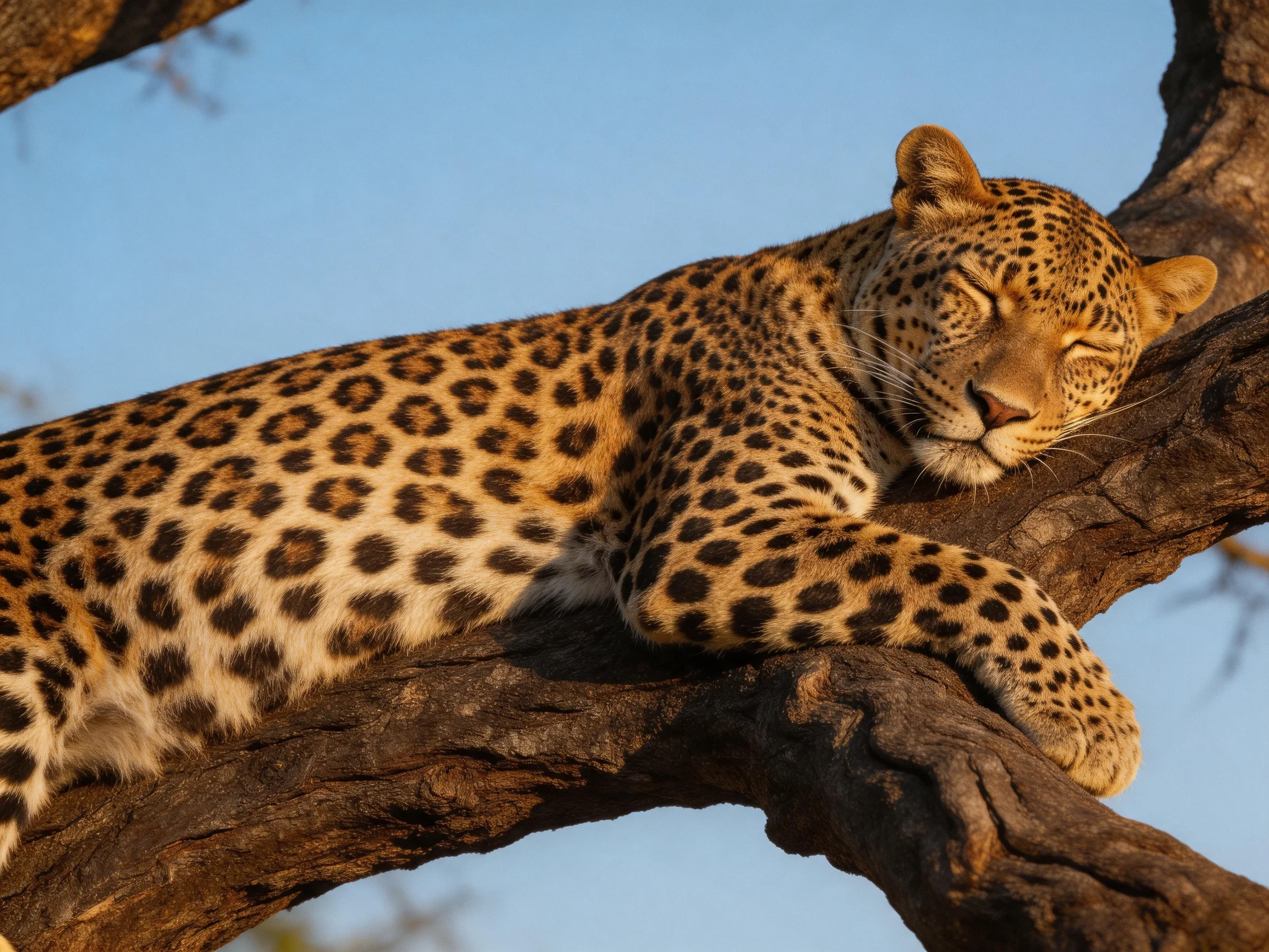 A golden-spotted leopard rests peacefully on a gnarled tree branch.
