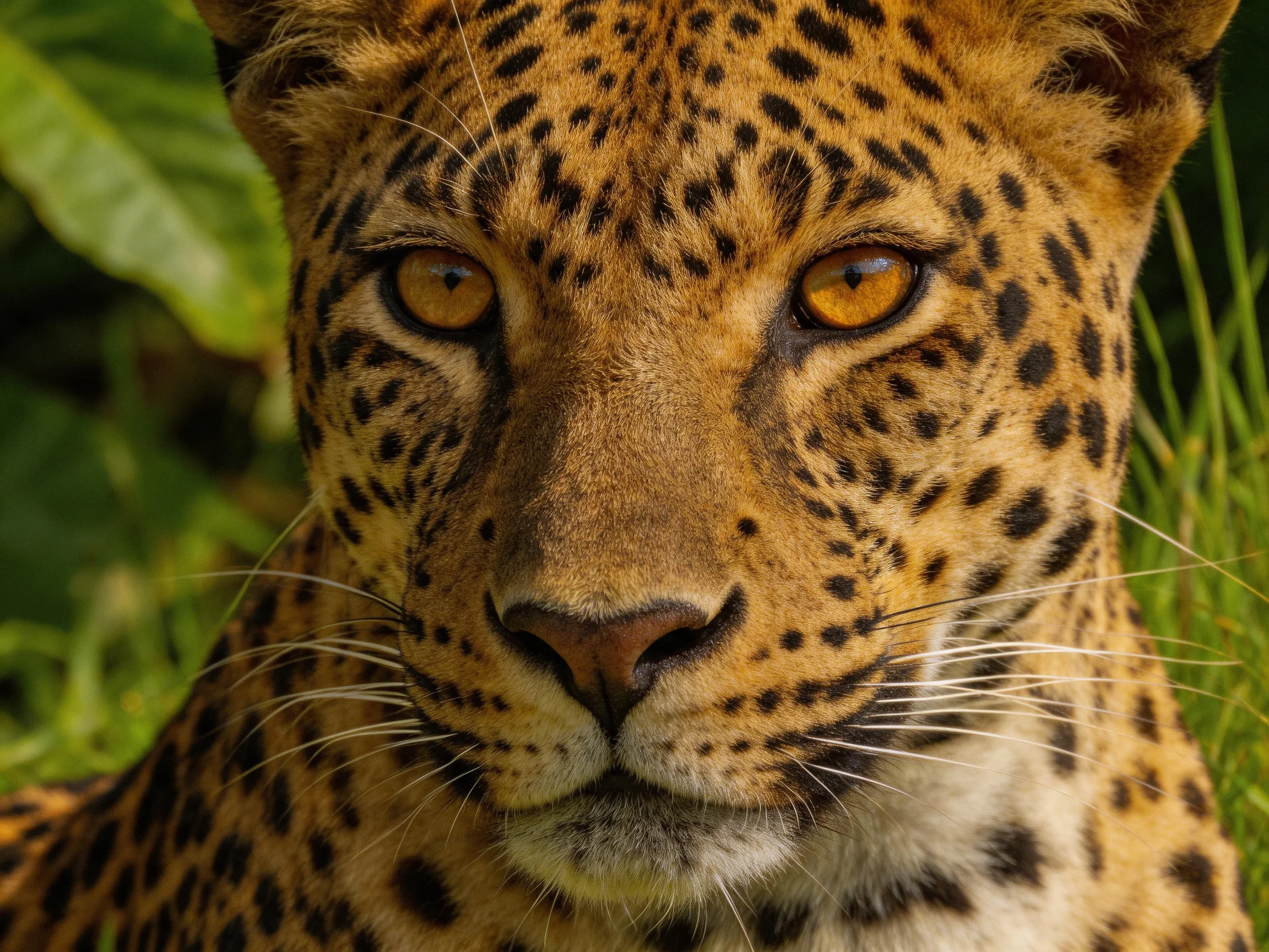A close-up of a leopard with golden-spotted fur and amber eyes.