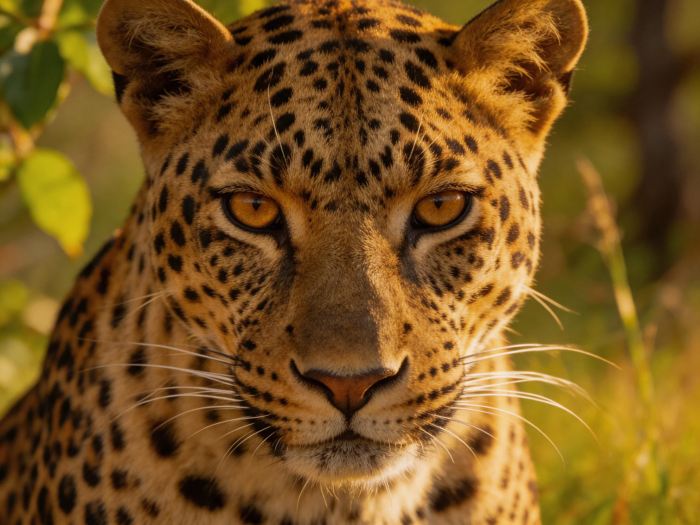Leopard with golden spots and amber eyes gazes intently in a sunlit natural area.