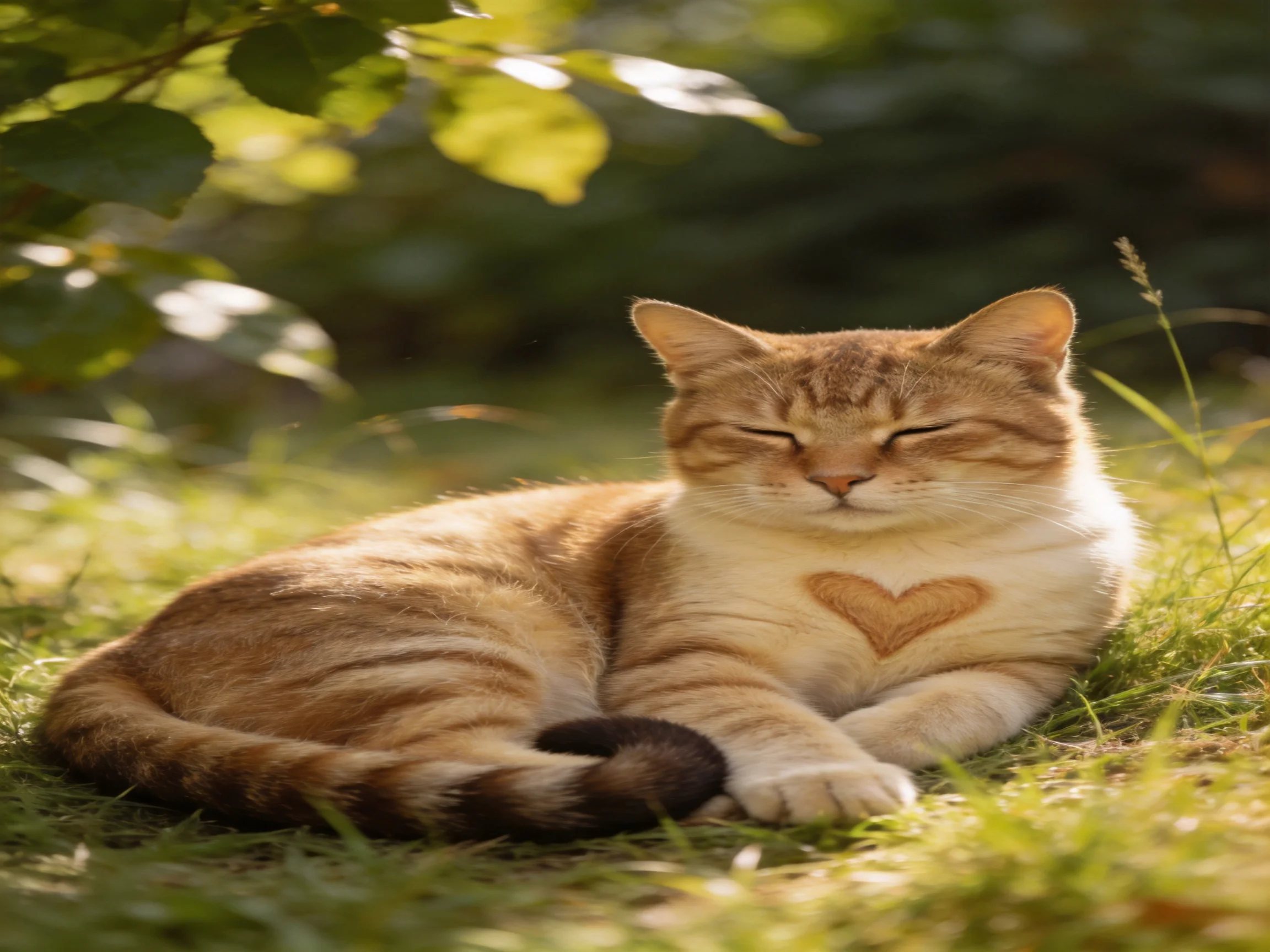 Golden tabby cat rests peacefully on grass in sunlit outdoor space