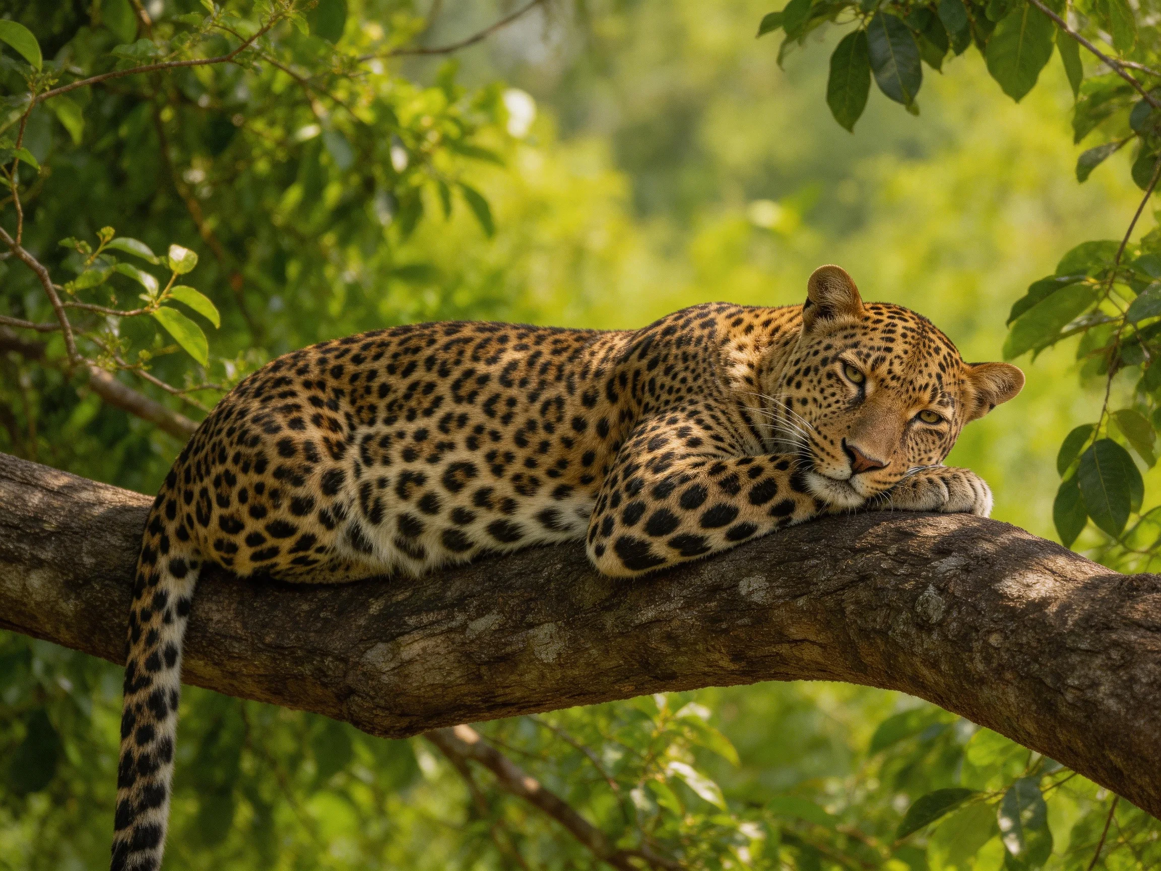 Leopard with spotted coat rests on thick tree branch amid green foliage