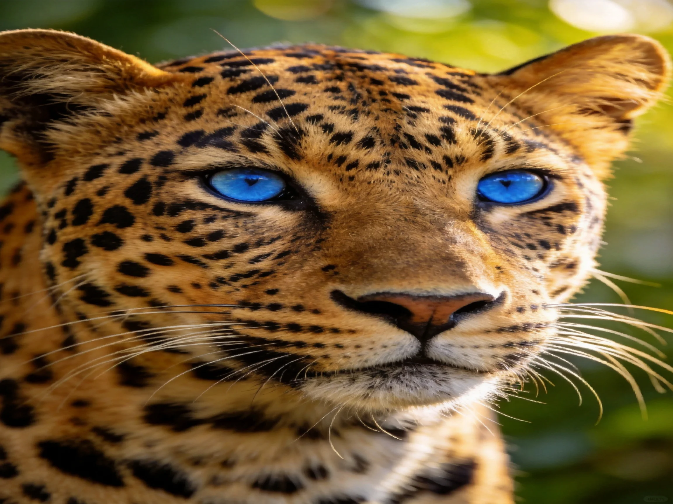 Close - up of a leopard displaying blue eyes and spotted fur in a sunlit scene.