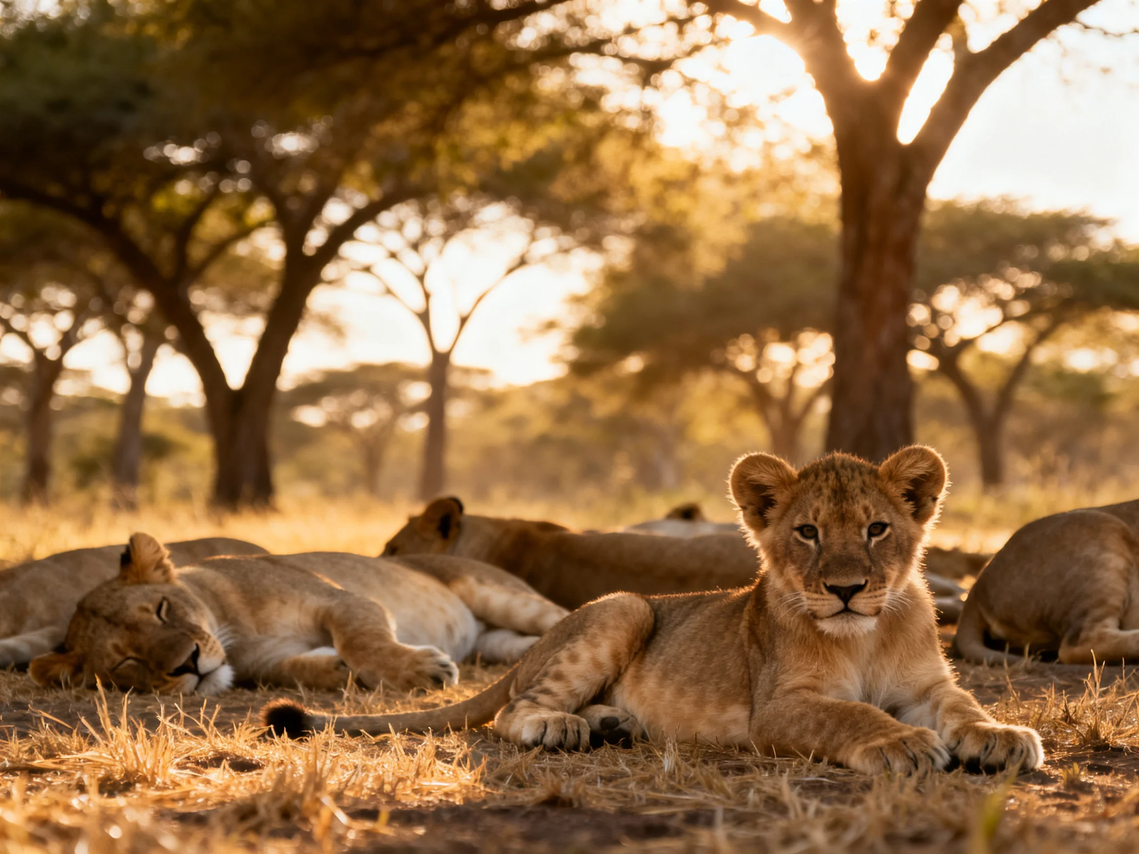 Lion cubs and adults rest in a sunlit savannah with golden grass