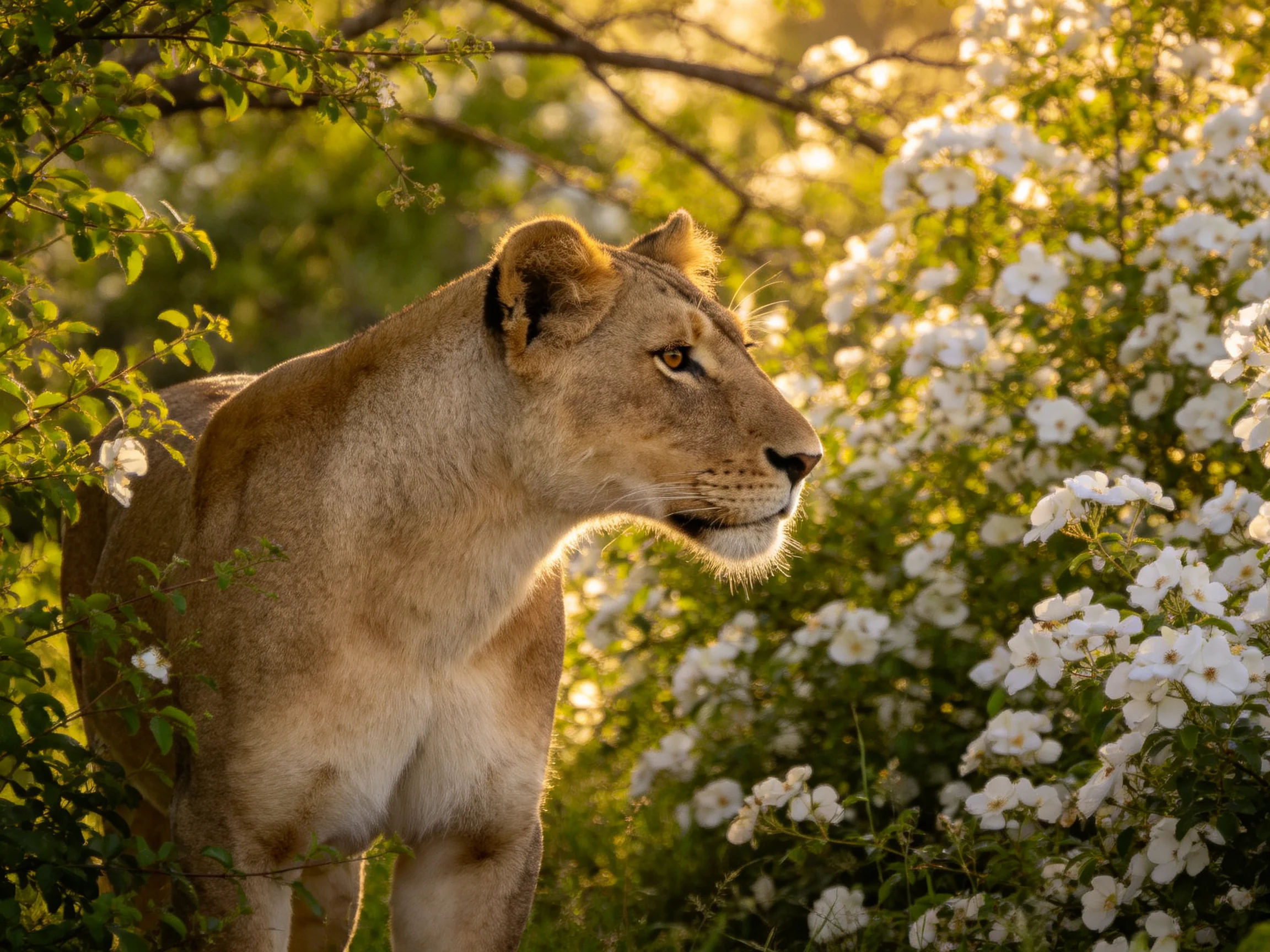 Lioness amid lush greenery and white flowers in golden light