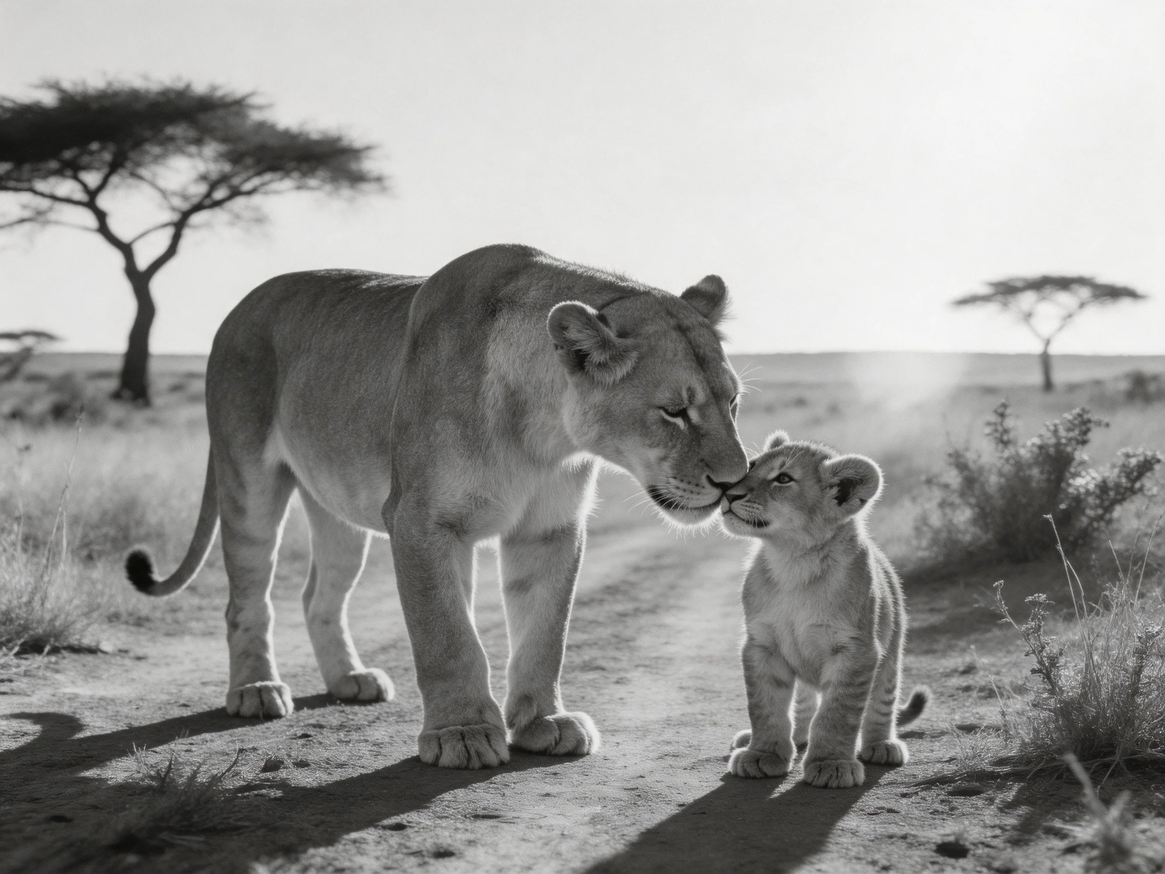 A lioness and cub interact closely in a black-and-white savannah scene.