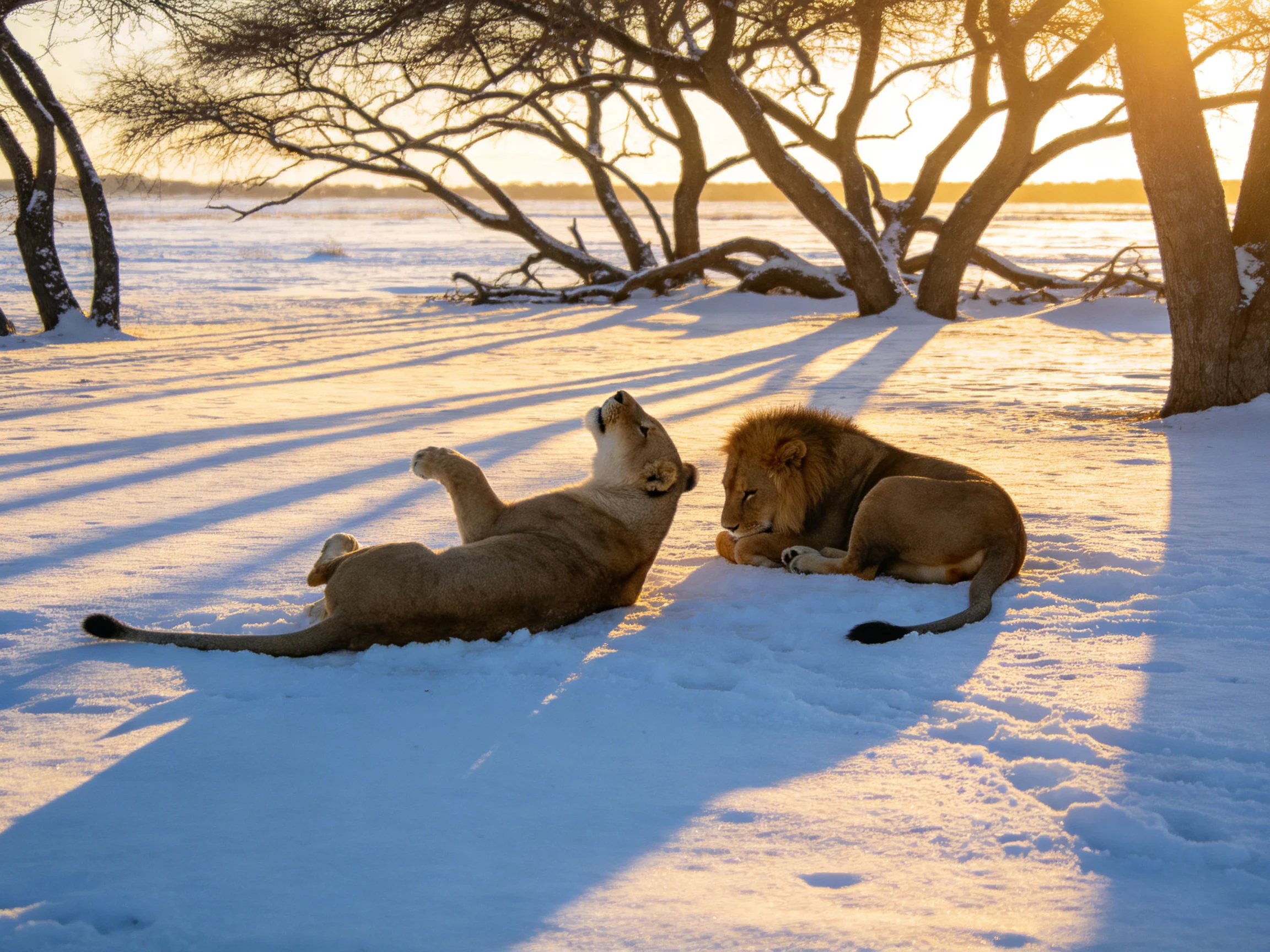 Lions rest together in snowy savannah during golden hour