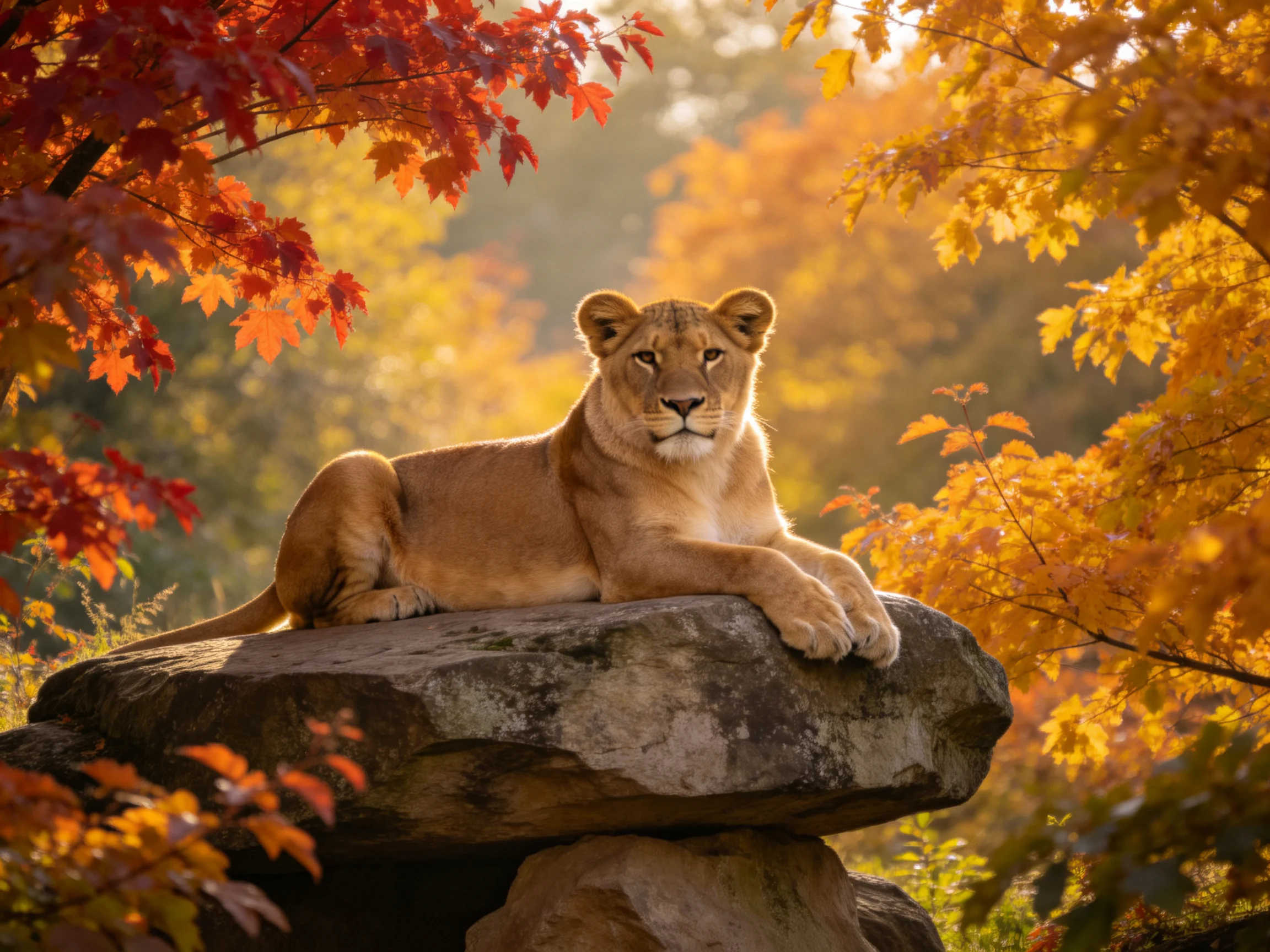 A lioness relaxes on a rock amid colorful fall trees.