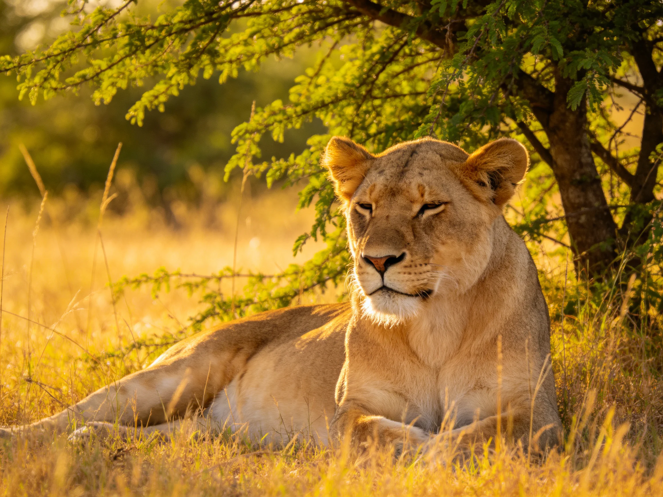 A lioness relaxes in golden savannah grass under a shaded tree.