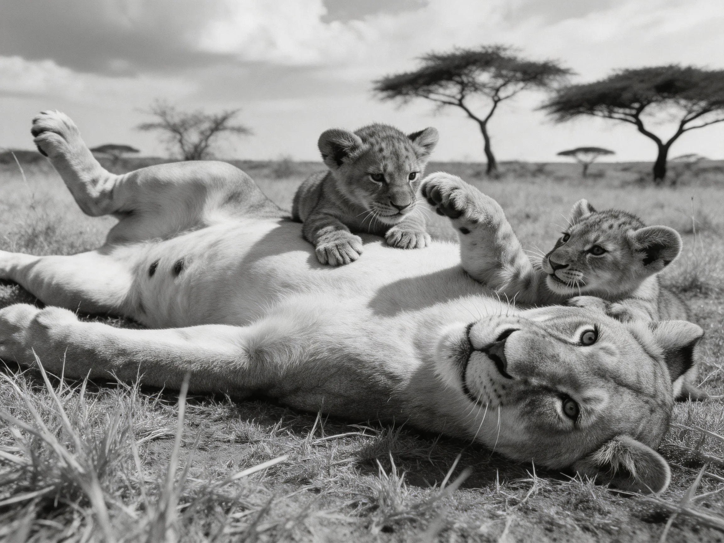 A lioness lies with two cubs in a savannah grassland.
