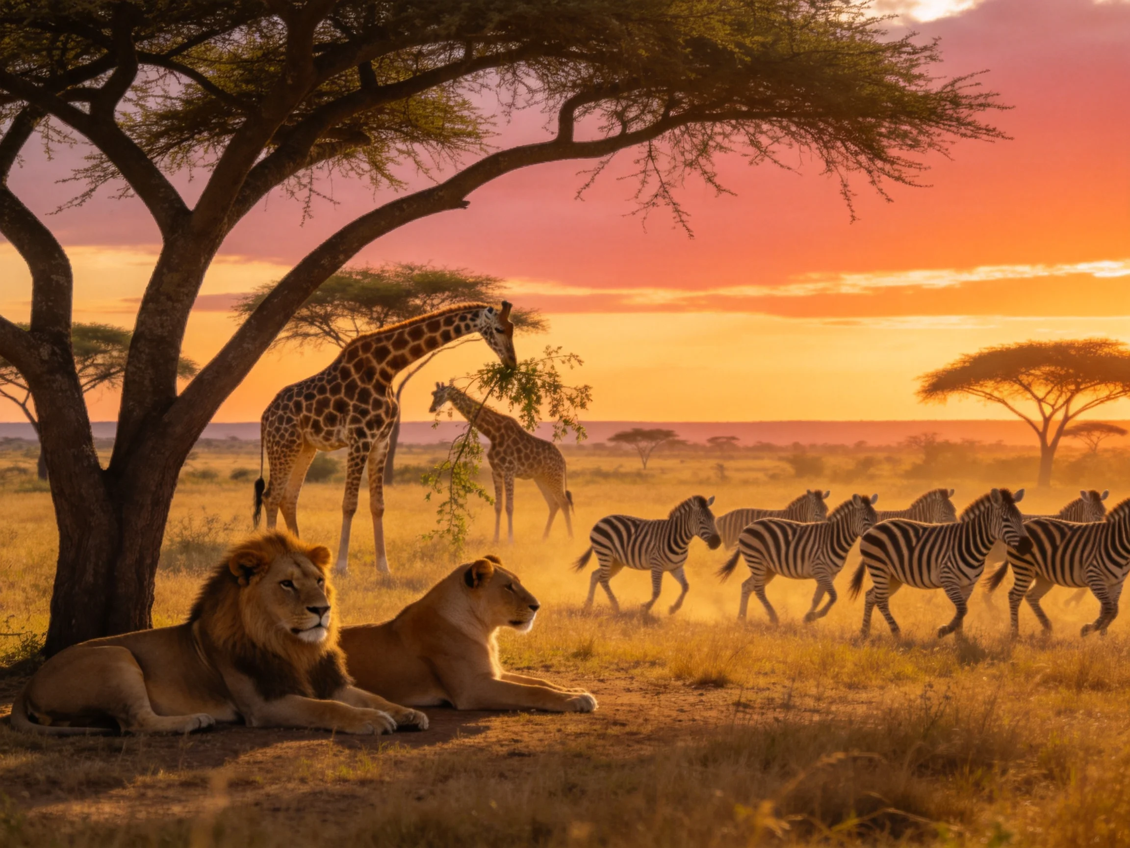 Lions rest under acacia trees as zebras and giraffes move