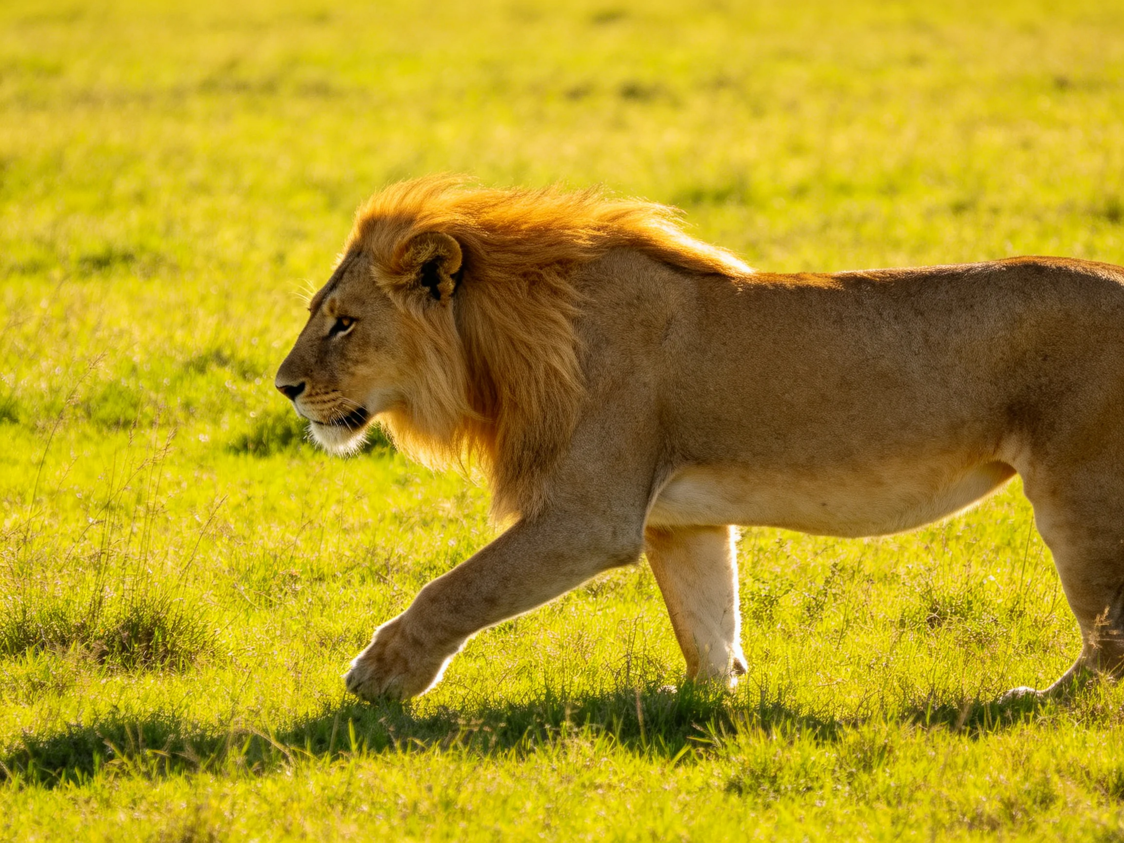 Majestic golden-maned lion walks through vibrant green savannah