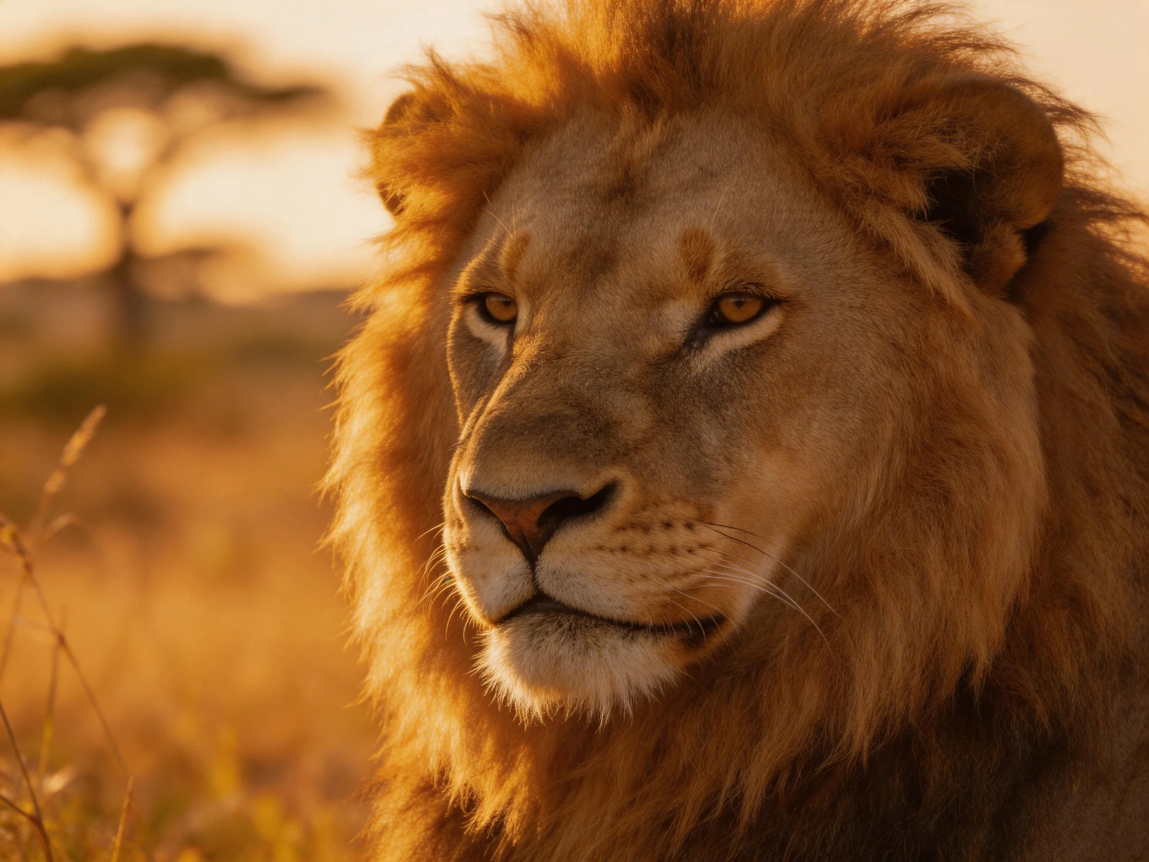 A lion with golden mane is in a savannah during sunset.