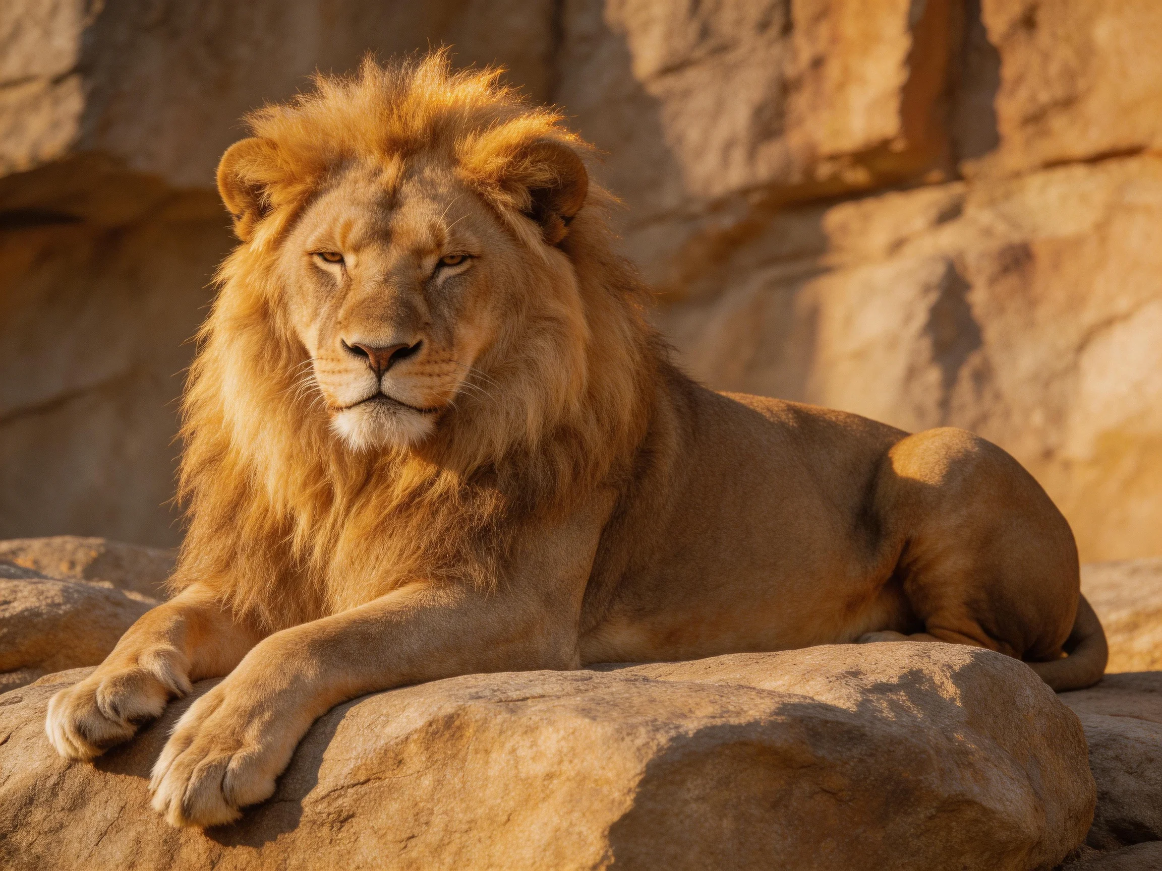 A lion with golden mane rests on rocks near a stone structure.