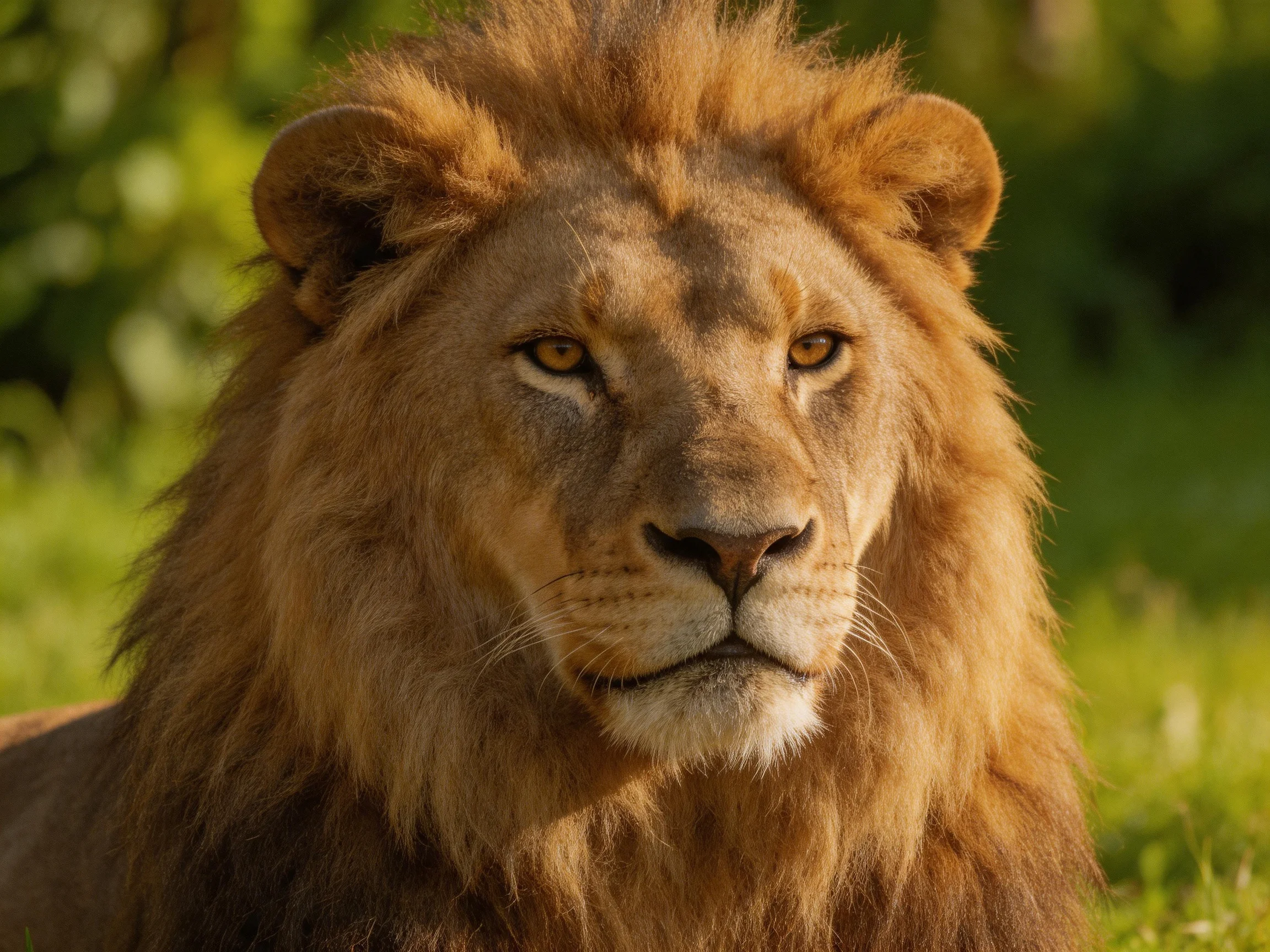 A majestic lion with a thick golden mane rests in natural surroundings.
