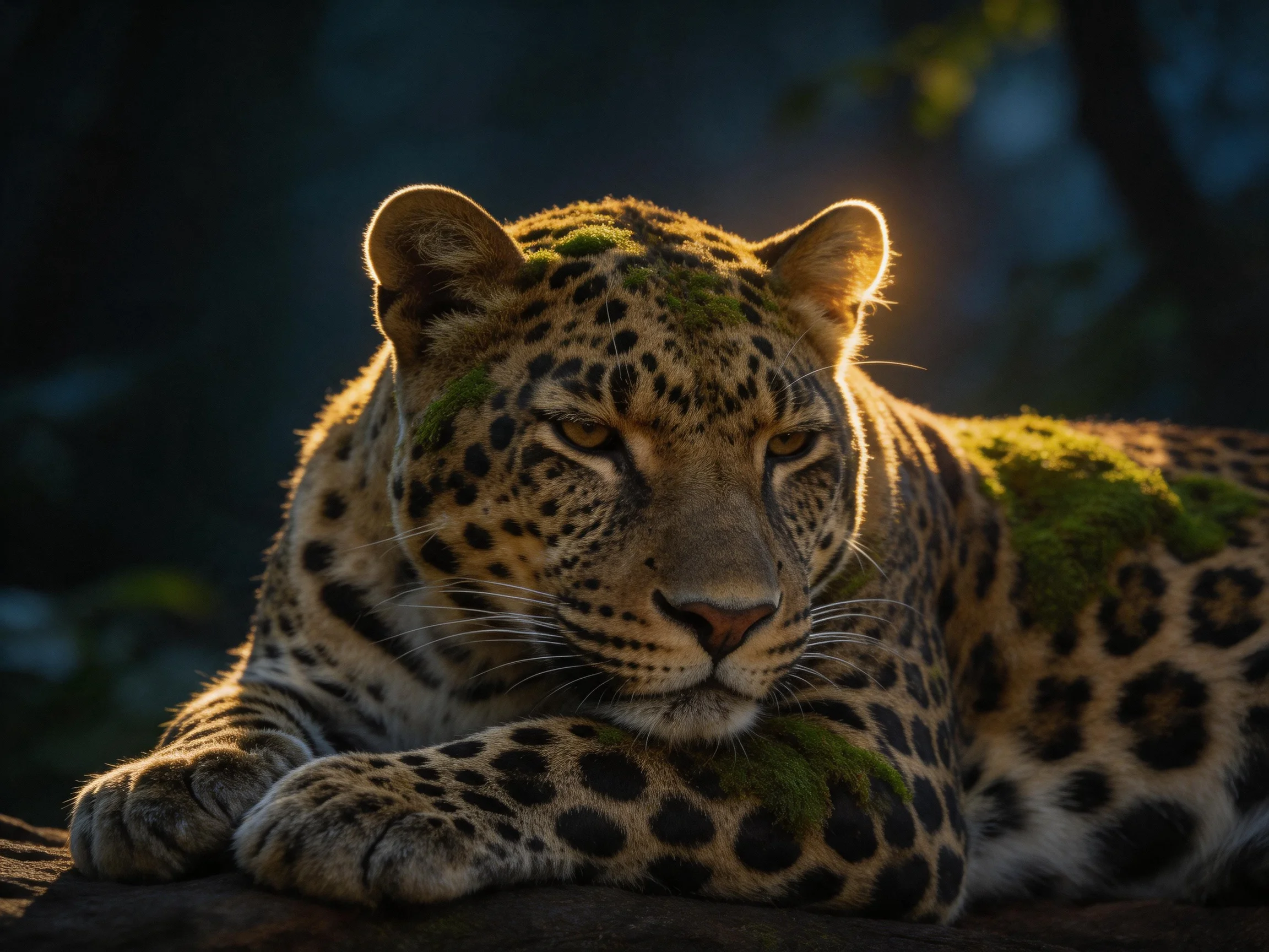 A moss-covered leopard rests in golden light.