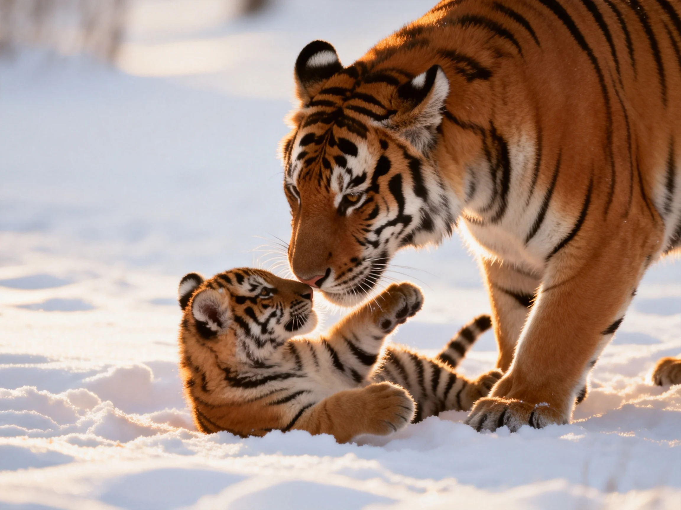 An adult tiger interacts with a cub on a snowy surface.