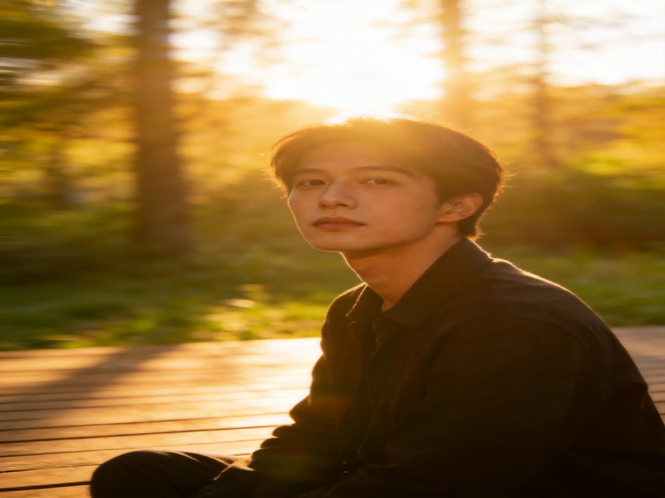 A person sits on a wooden surface amidst blurred natural surroundings bathed in golden light.