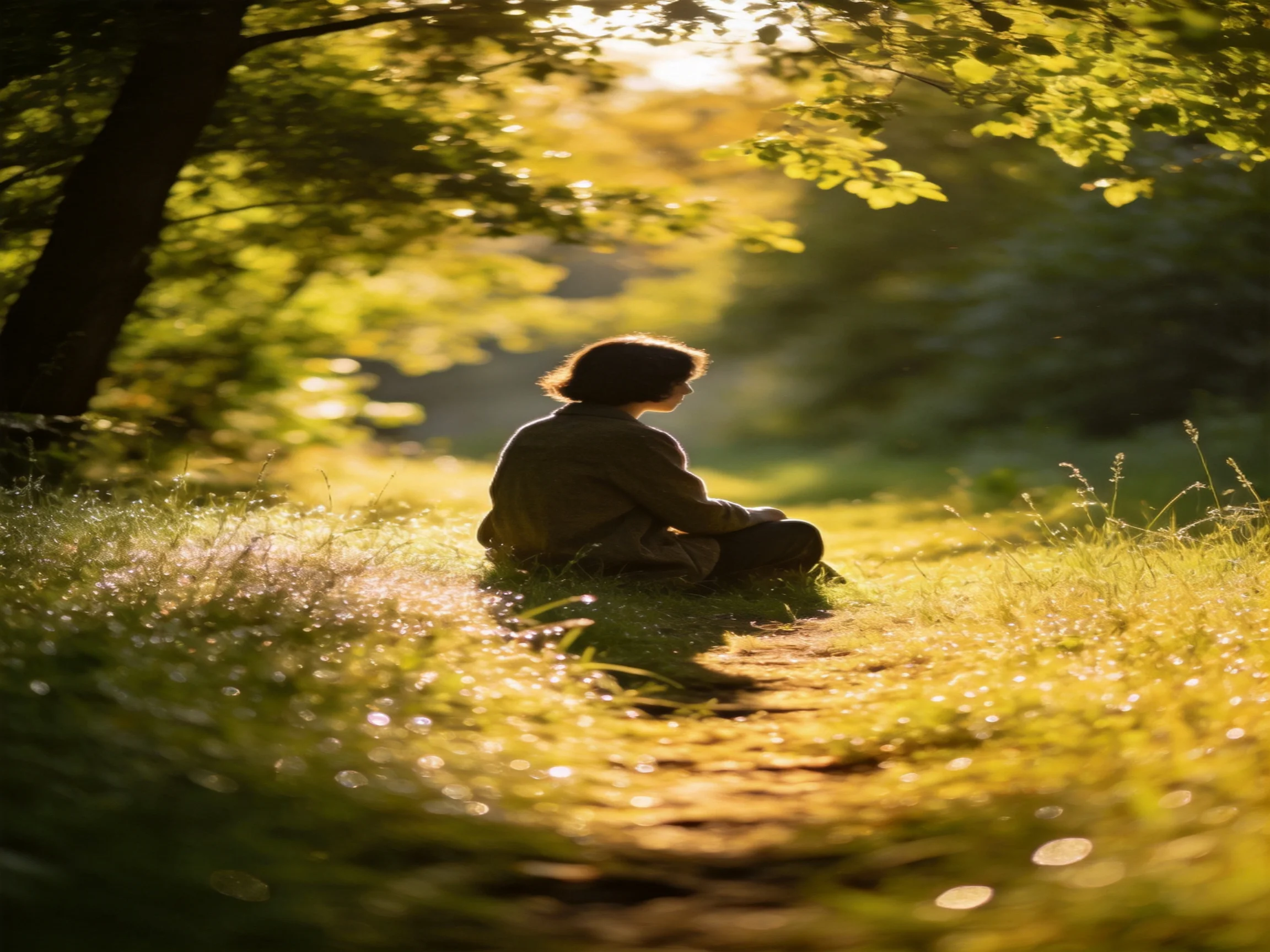 A person sits quietly in a sunlit forest path surrounded by lush vegetation.