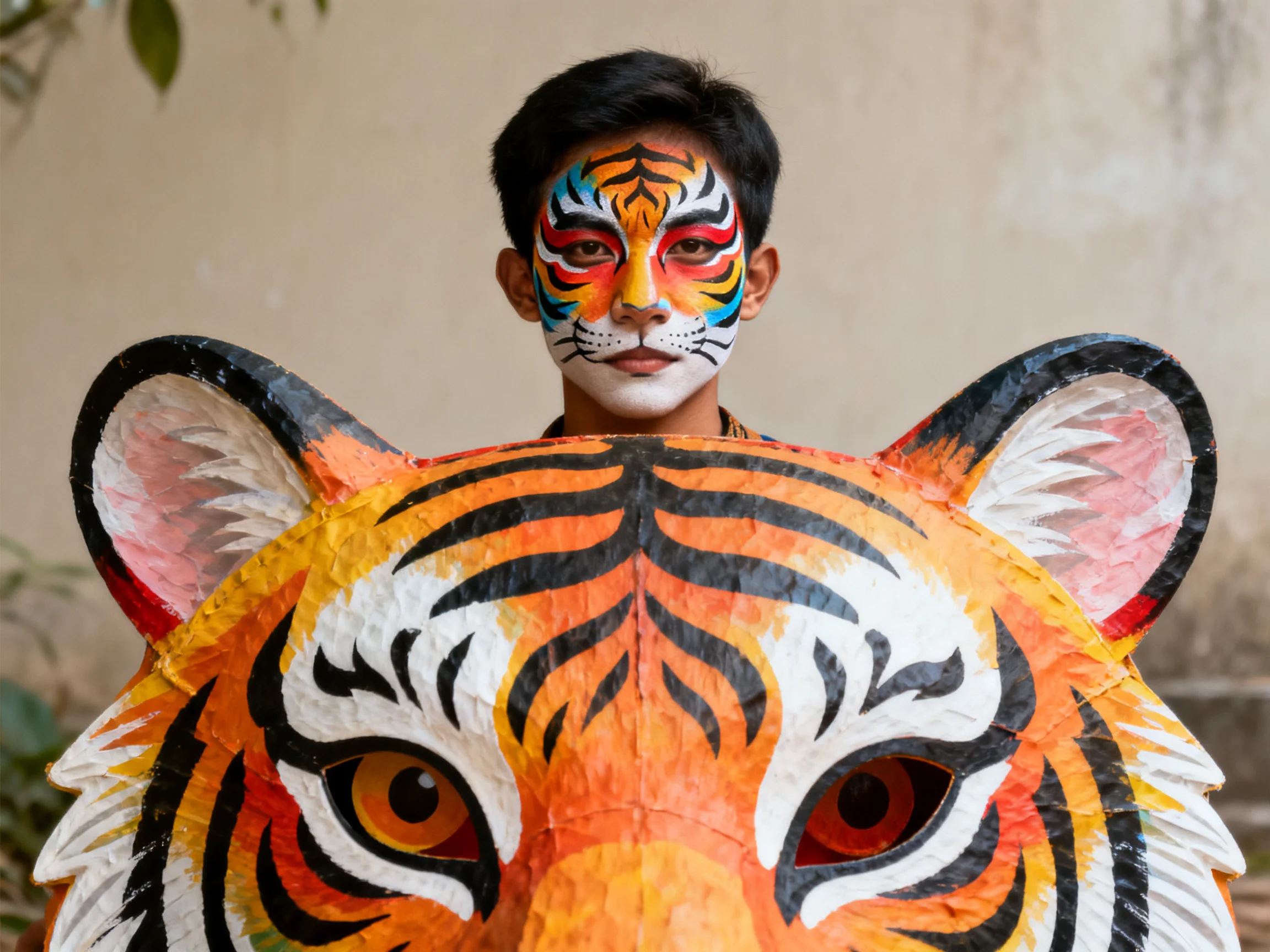 A person with tiger face paint stands behind a large tiger head prop.