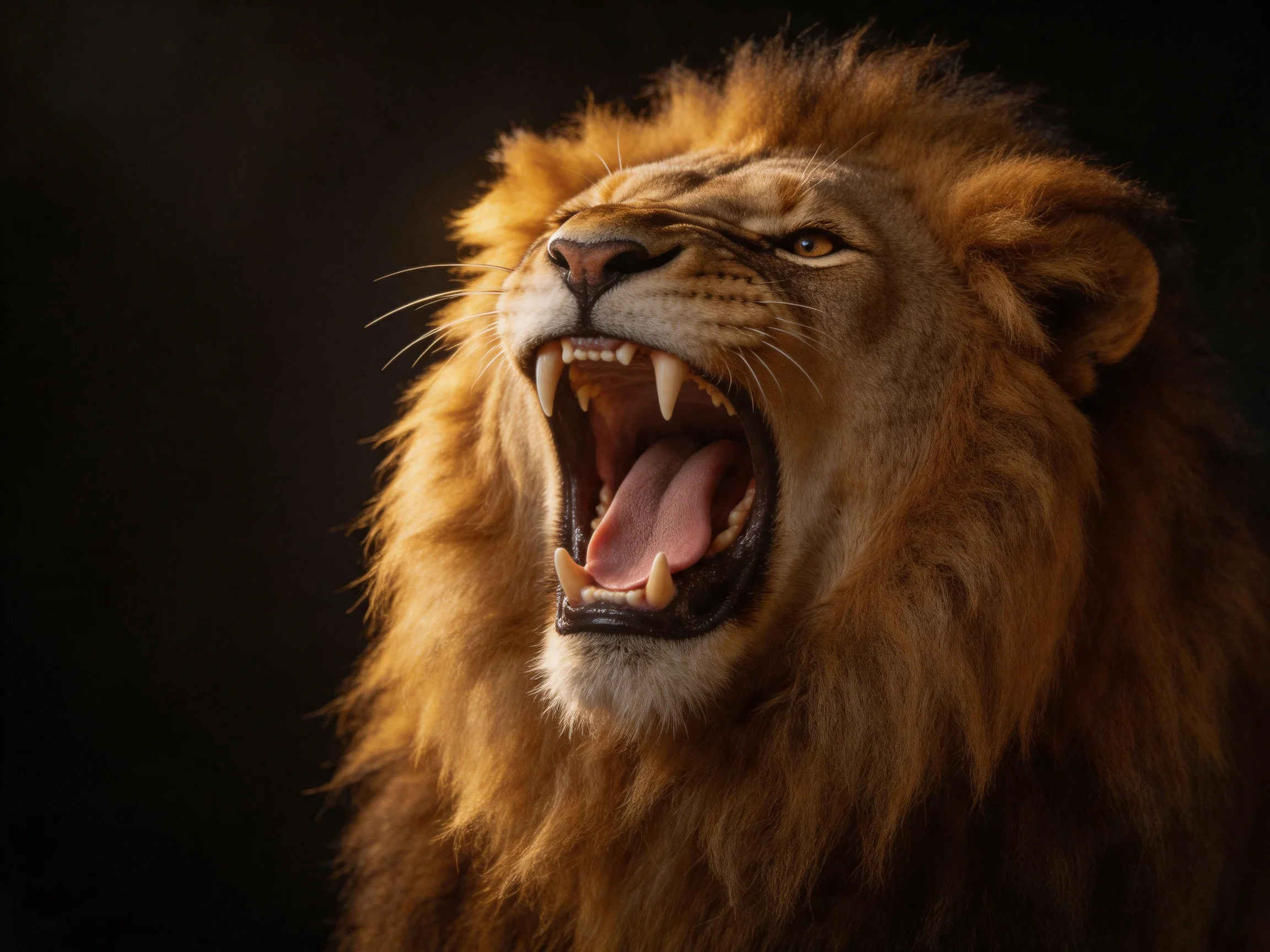 Roaring lion with thick golden mane against dark backdrop