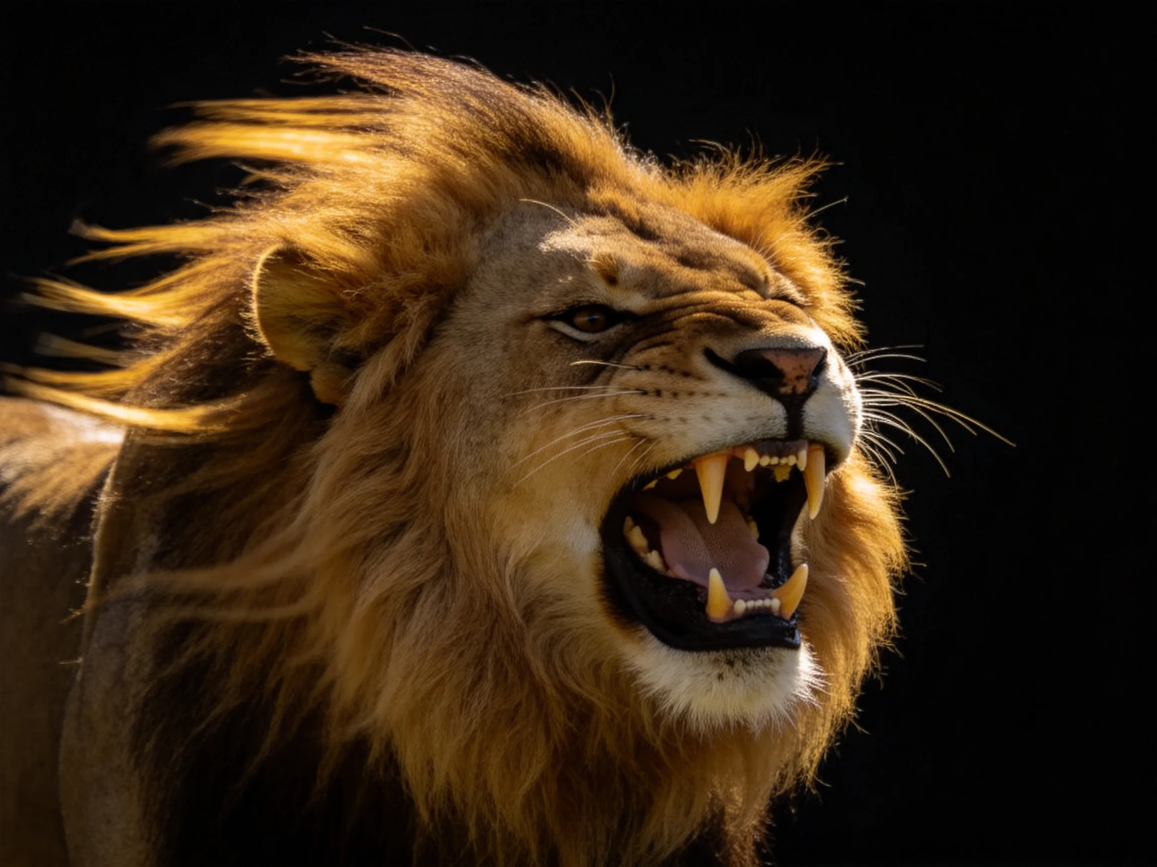 Roaring male lion with golden mane against dark backdrop