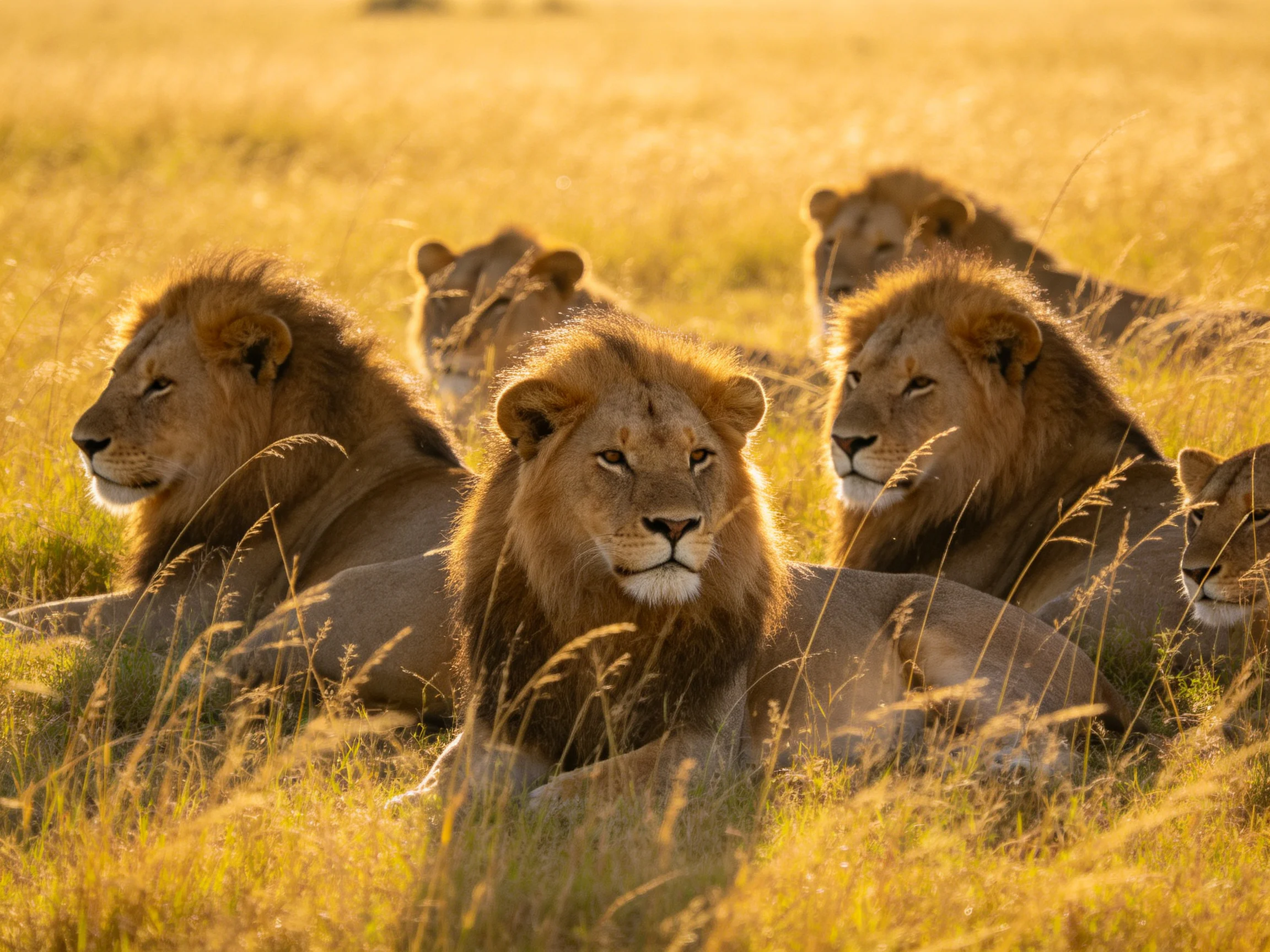 Lions rest together in golden savannah grass during daylight.