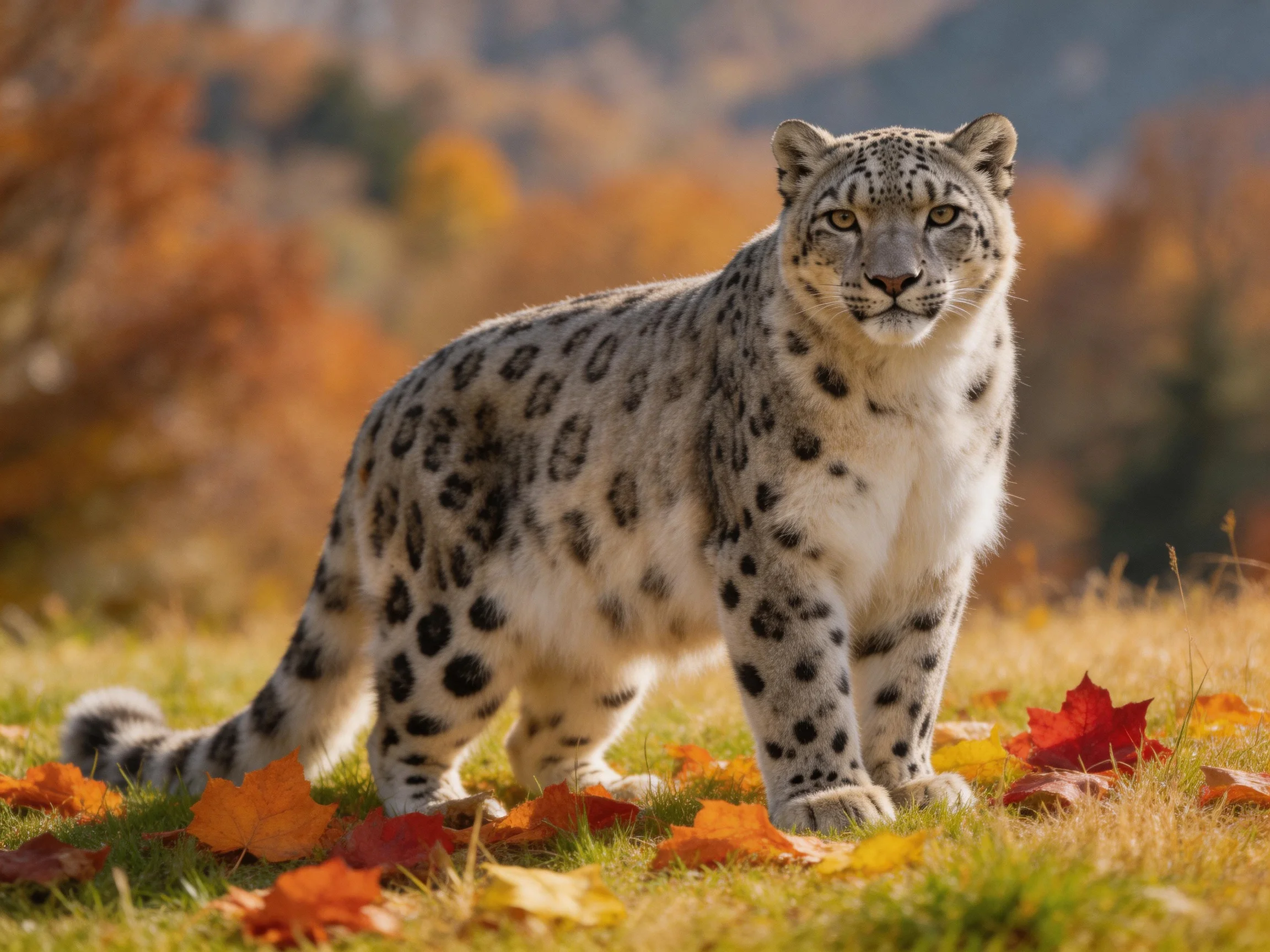 A snow leopard stands among autumn leaves in a mountainous outdoor setting.