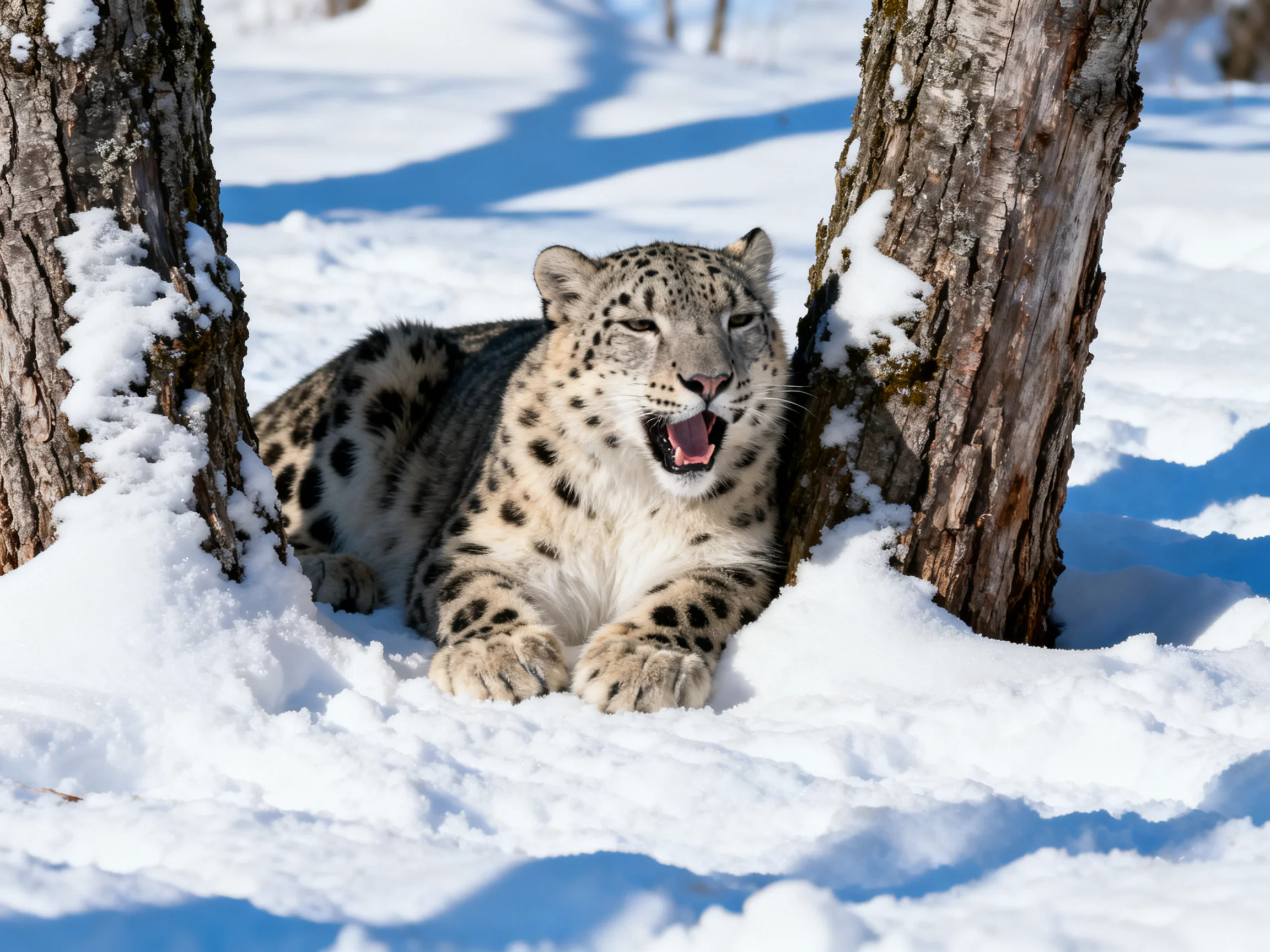 A snow leopard rests between two trees in a snowy landscape.