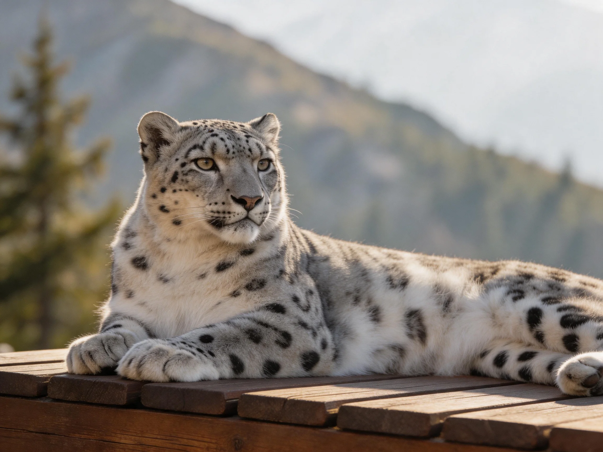 A snow leopard relaxes on wooden planks with mountains in the background.