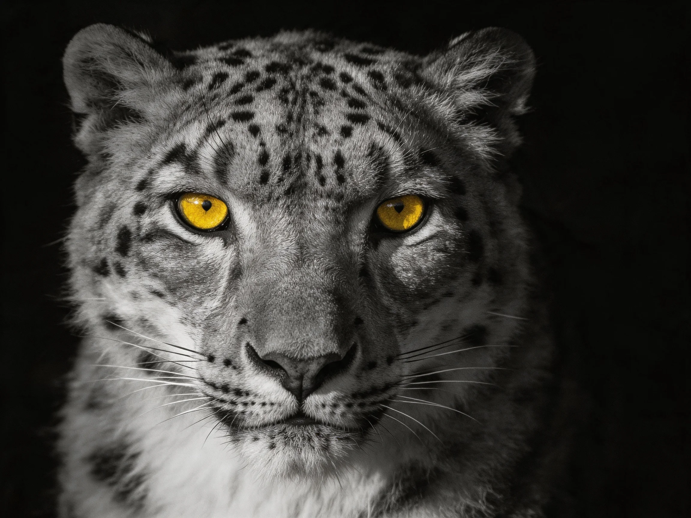 Snow leopard portrait with vivid yellow eyes on dark backdrop
