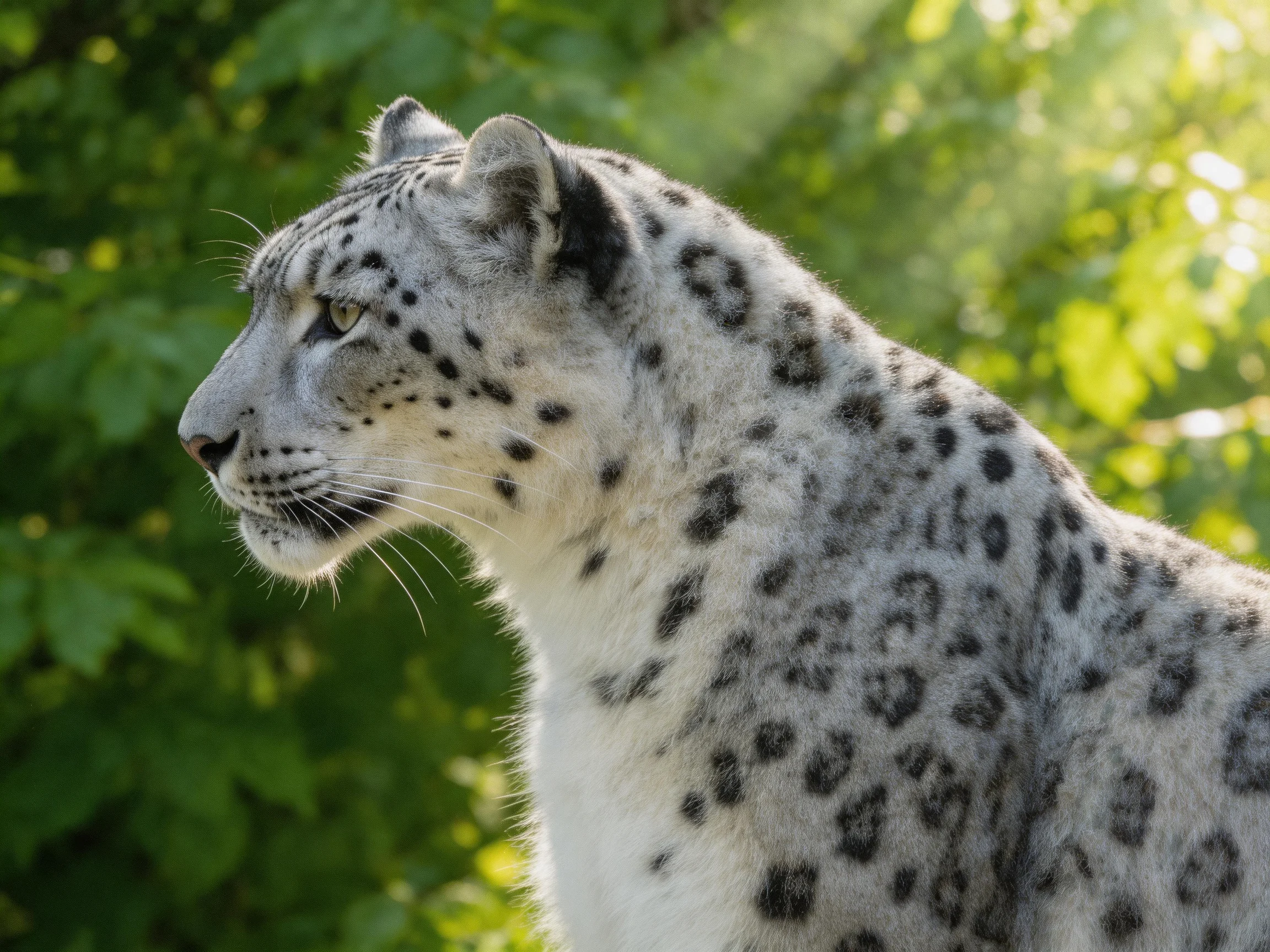 A snow leopard with a spotted coat is near green foliage.