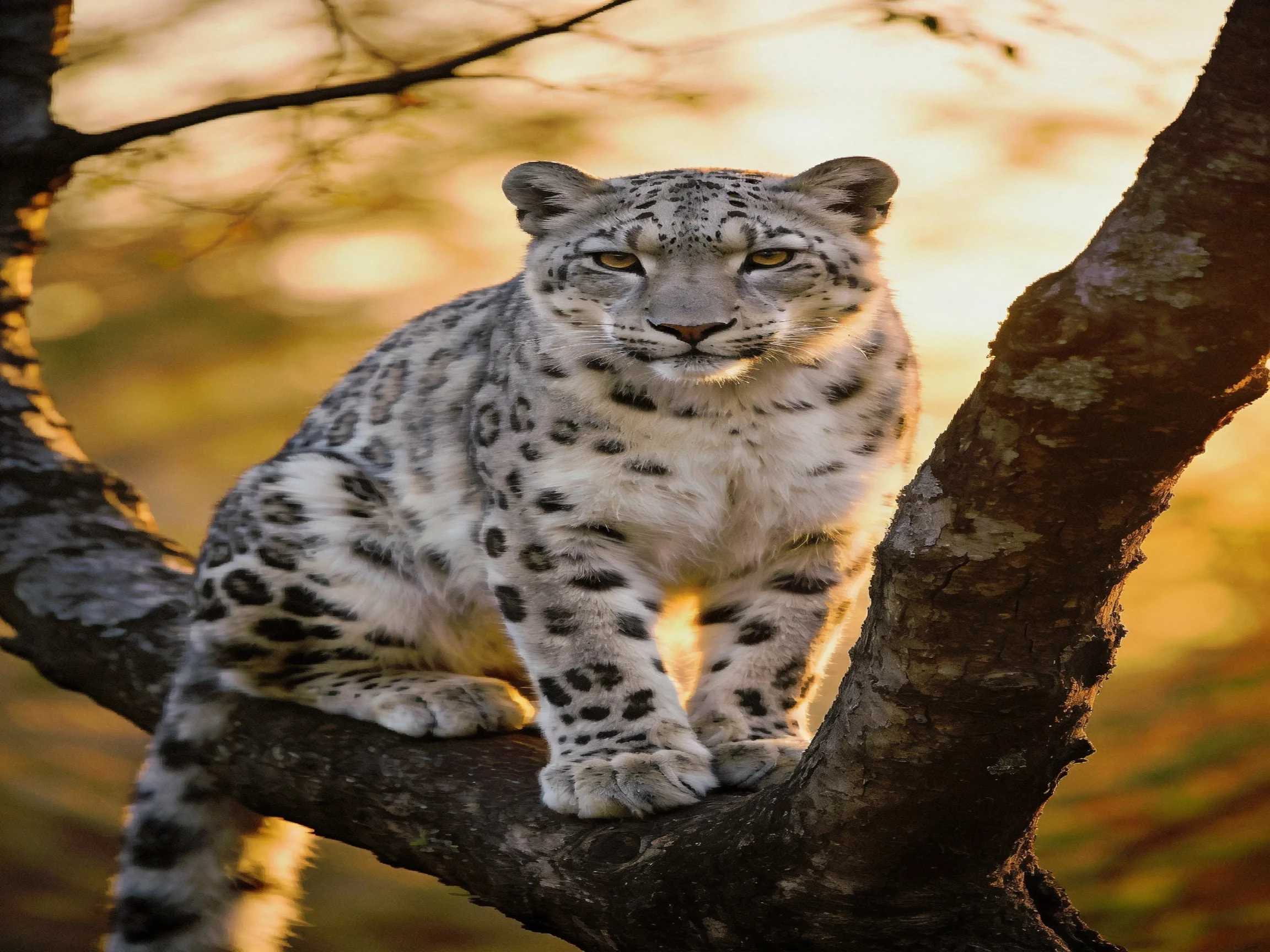 Snow leopard with spotted coat perched on a gnarled tree branch under golden light