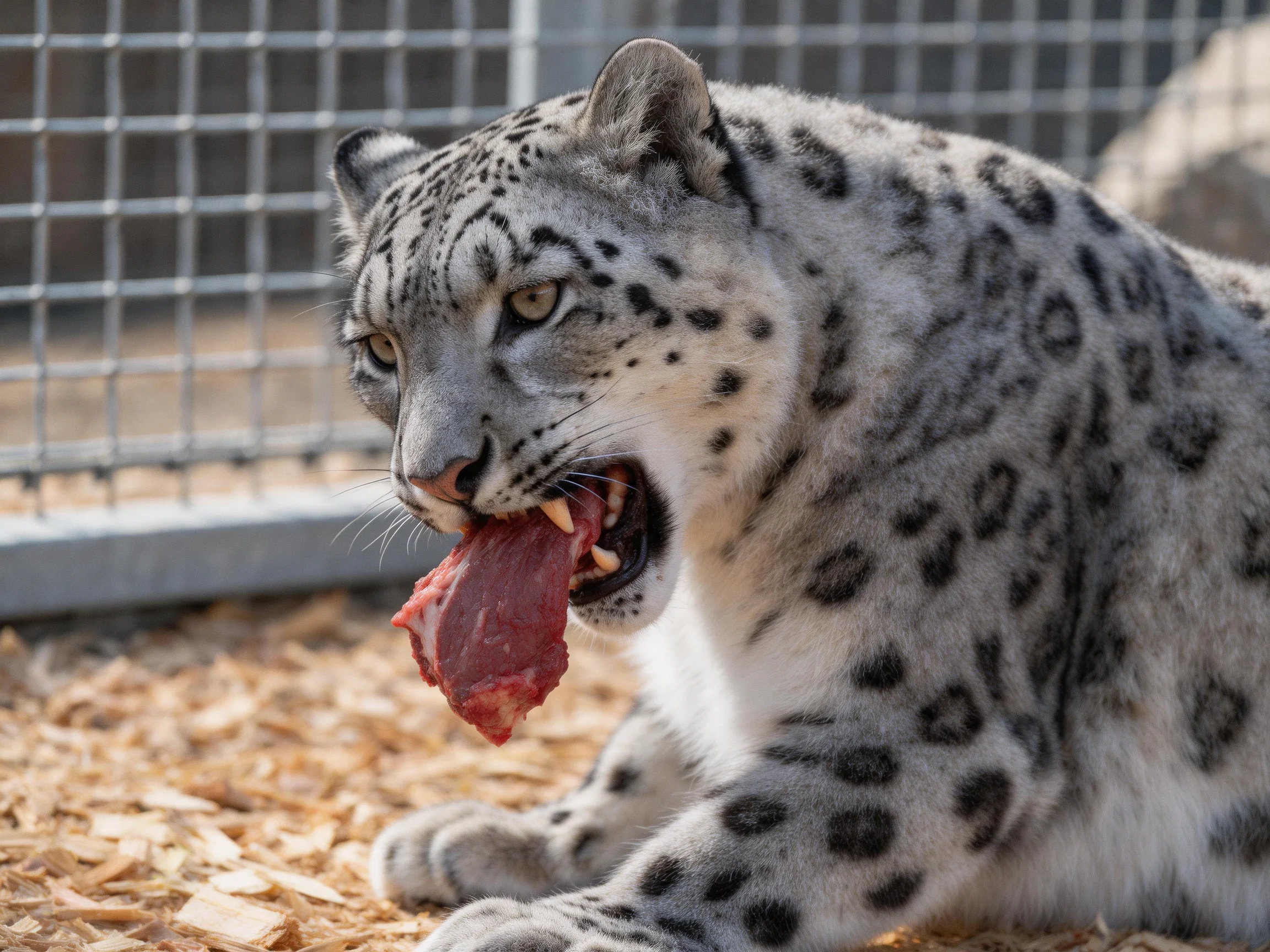 A snow leopard eats meat next to a metal fence.