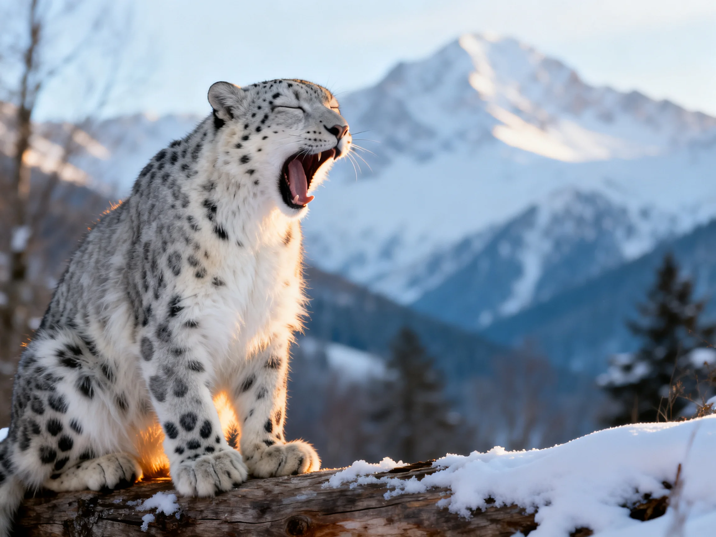 Snow leopard yawning on a snow - dusted log near mountain peaks