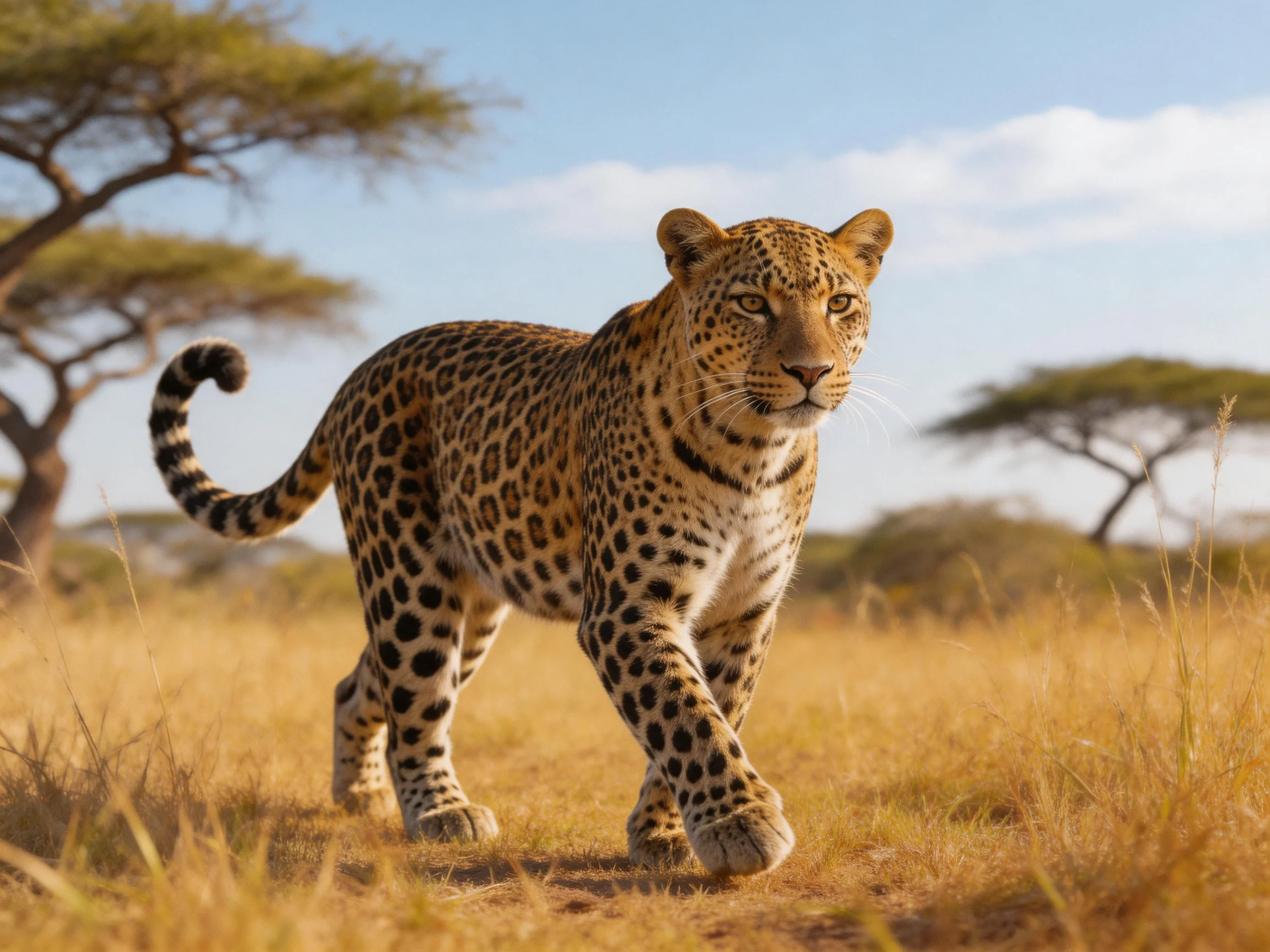 Spotted leopard traverses golden savannah grassland under bright sky