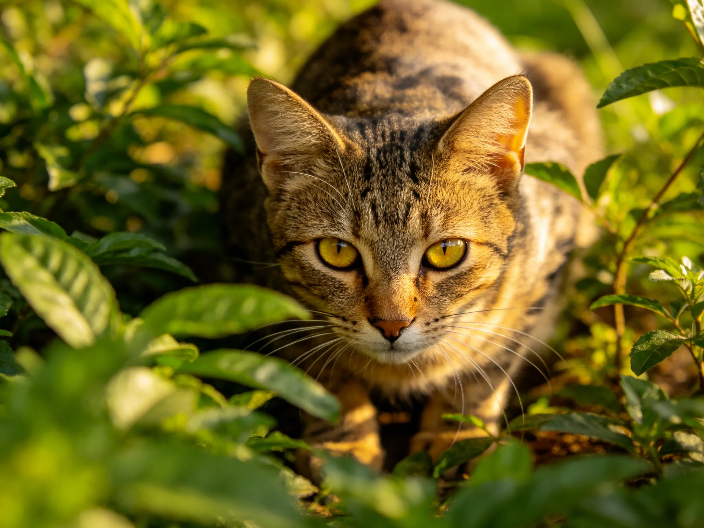 A tabby cat with amber eyes is partially concealed by green plants in a sunlit setting.