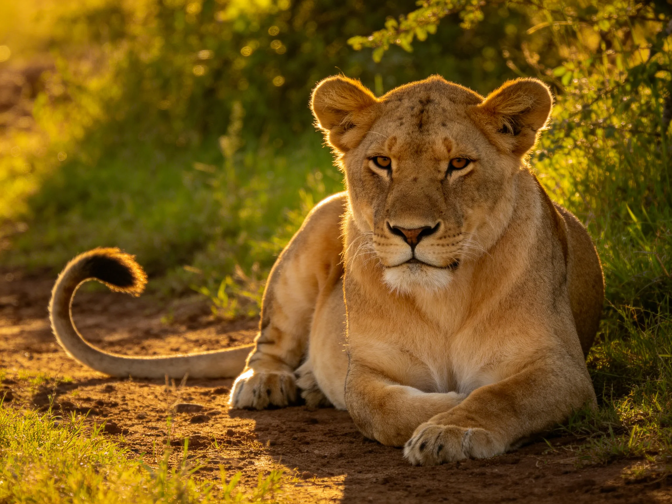 Tawny lioness rests on dusty path amid lush greenery